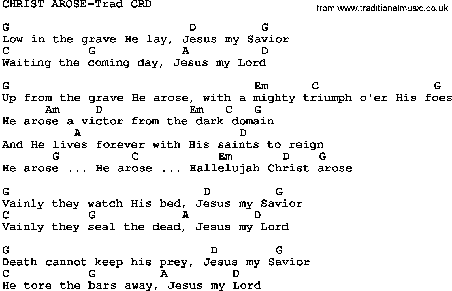 Gospel Song: Christ Arose-Trad, lyrics and chords.