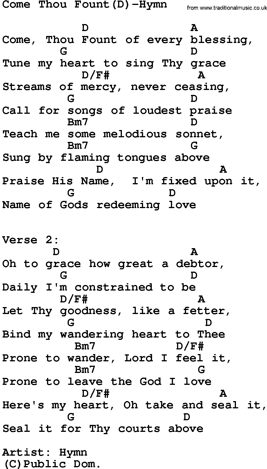 Gospel Song: Come Thou Fount(D)-Hymn, lyrics and chords.