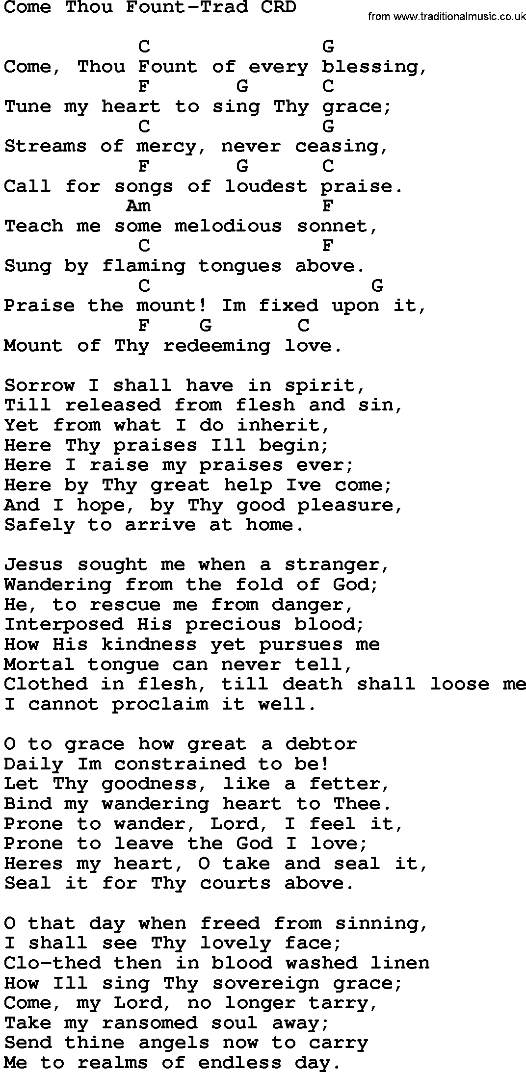 Gospel Song: Come Thou Fount-Trad, lyrics and chords.