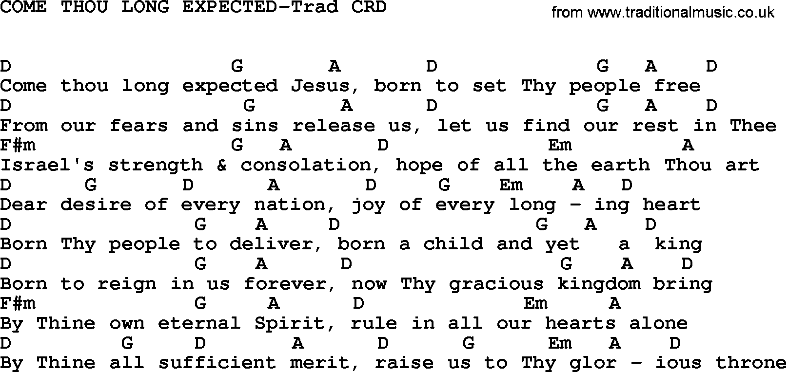 Gospel Song: Come Thou Long Expected-Trad, lyrics and chords.