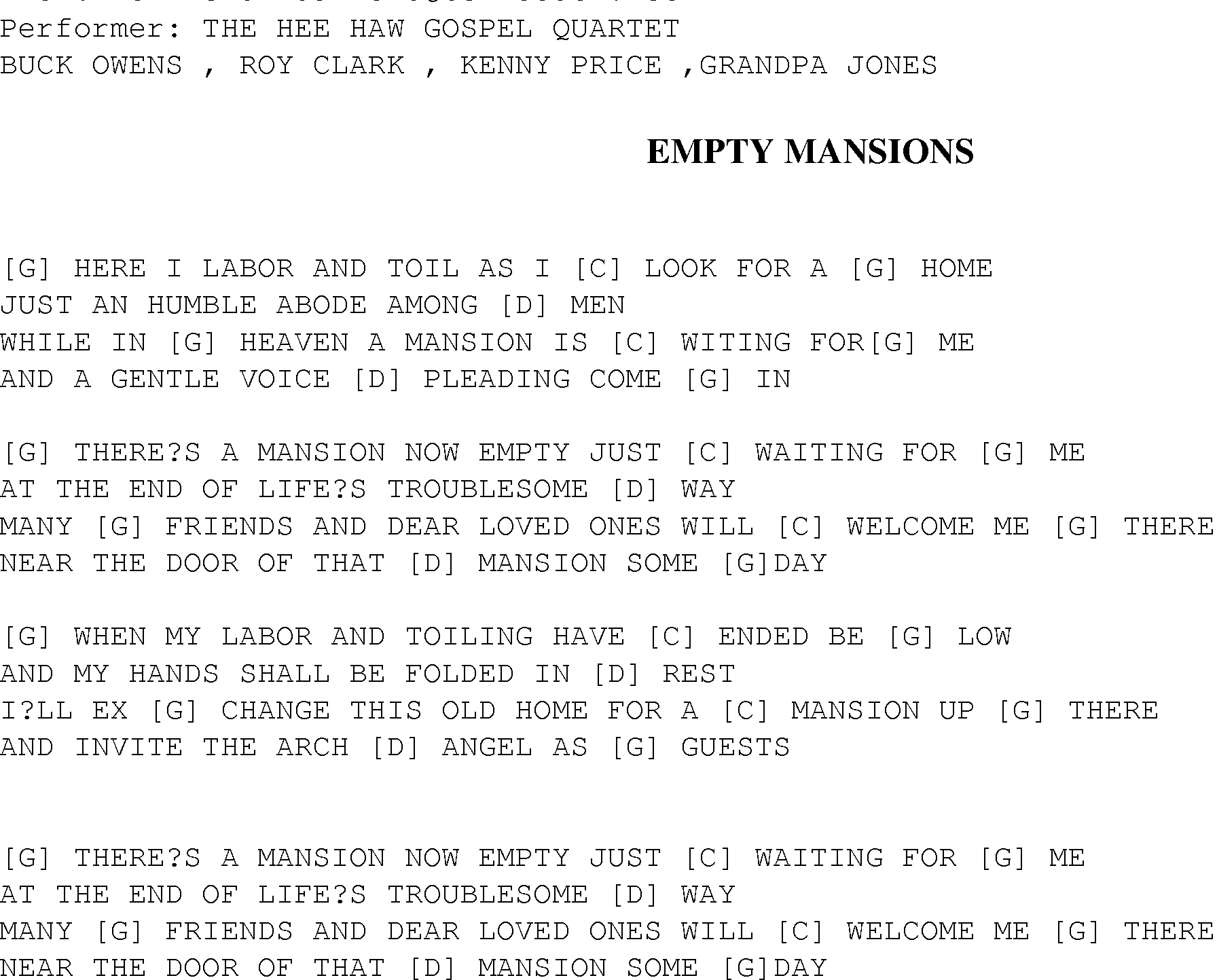 Gospel Song: empty_mansions, lyrics and chords.