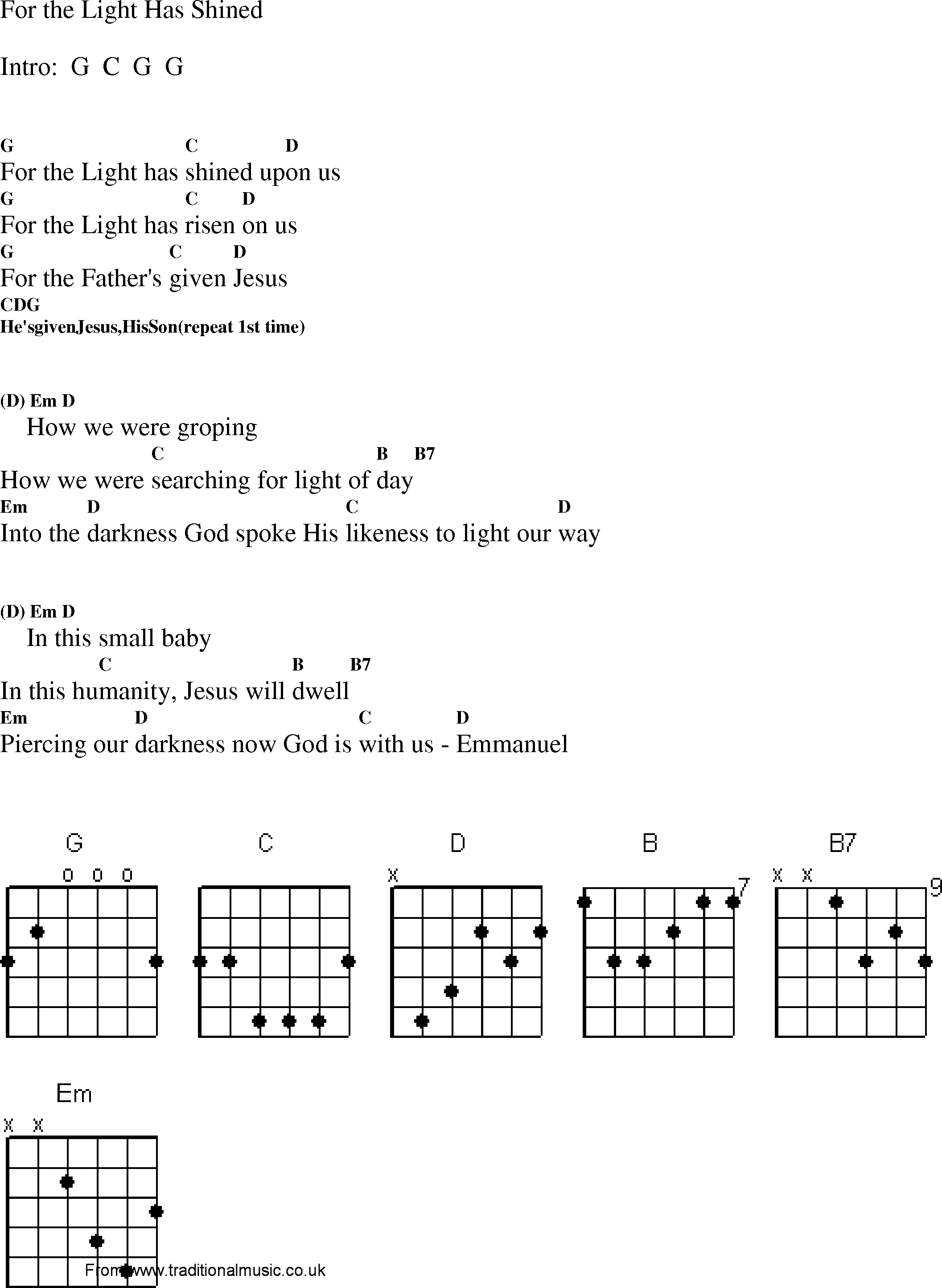 Gospel Song: for_the_light_has_shined, lyrics and chords.