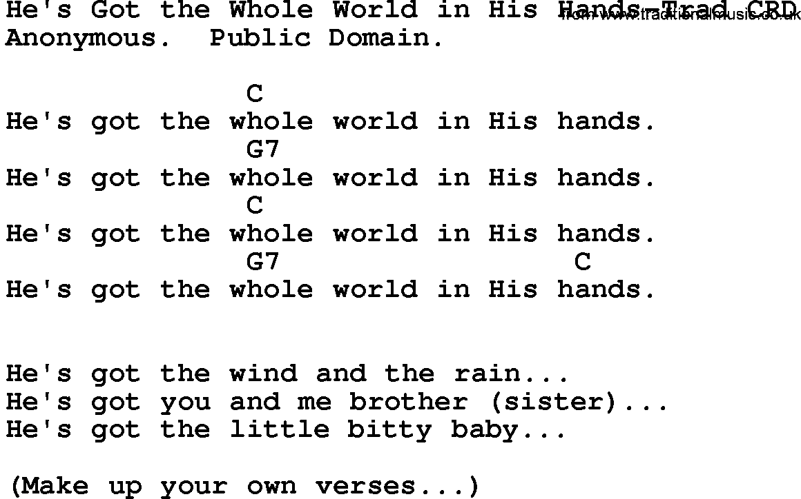 Gospel Song: He's Got The Whole World In His Hands-Trad, lyrics and chords.