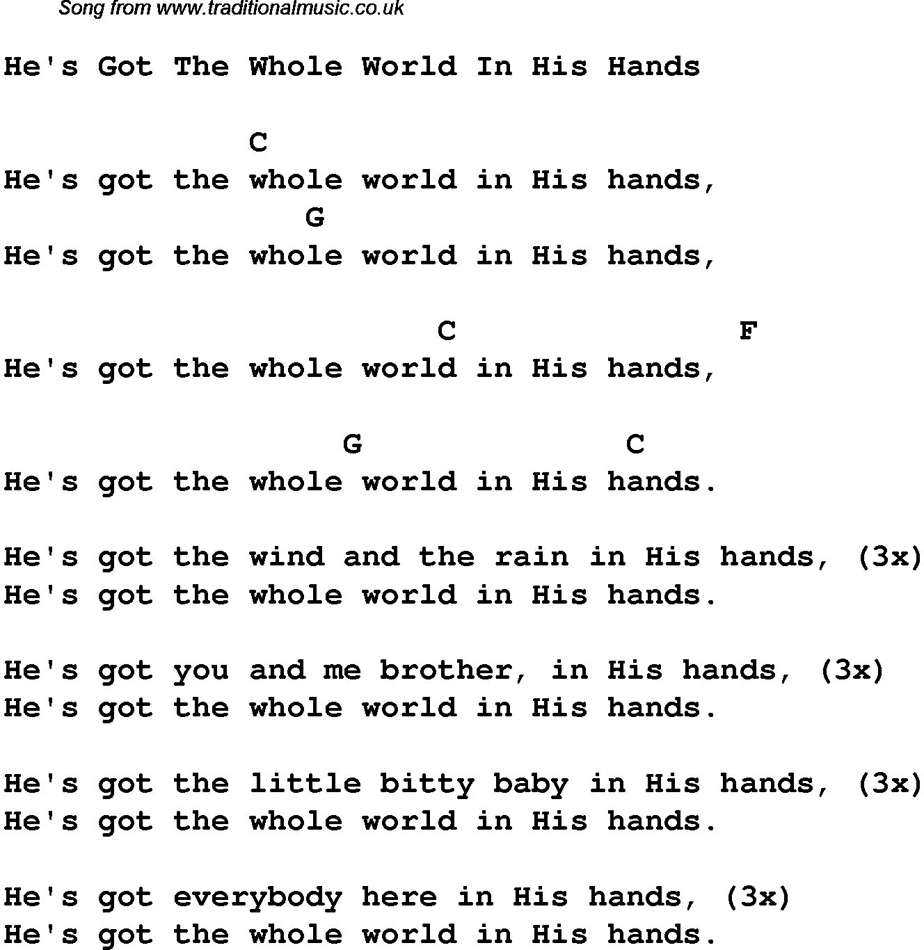 Gospel Song: hes-got-the-whole-world-in-his-hands, lyrics and chords.
