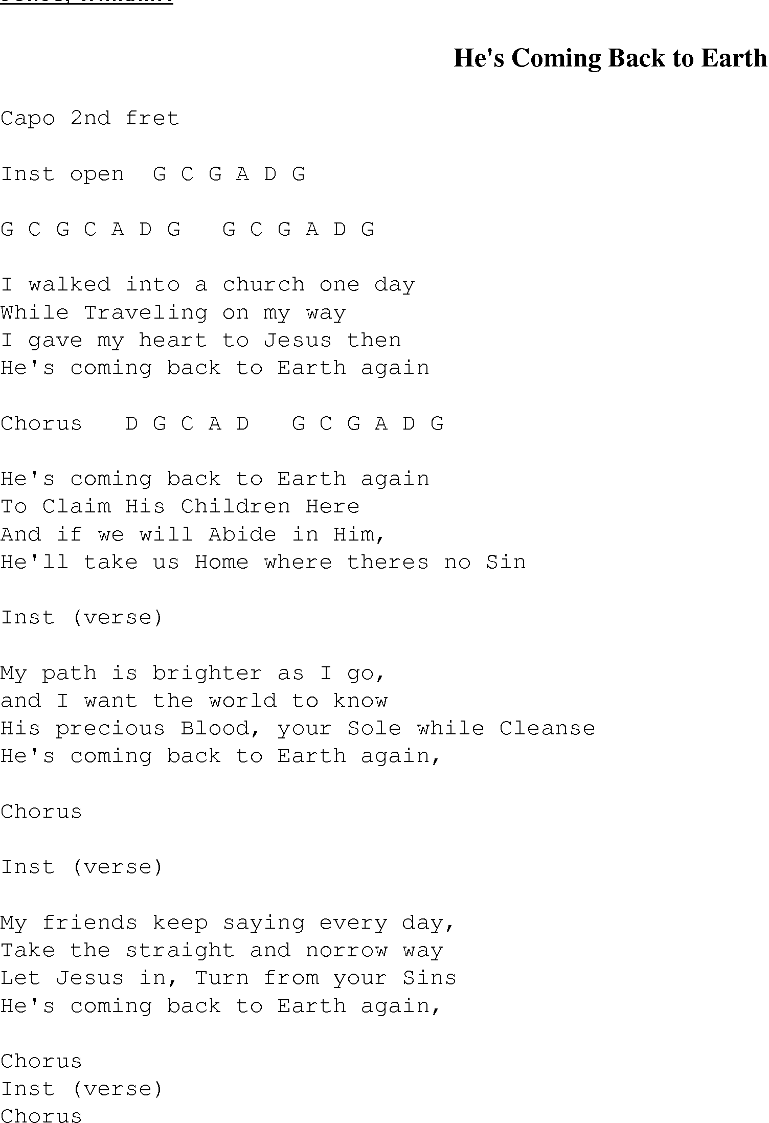 Gospel Song: hes_coming_back_to_earth, lyrics and chords.