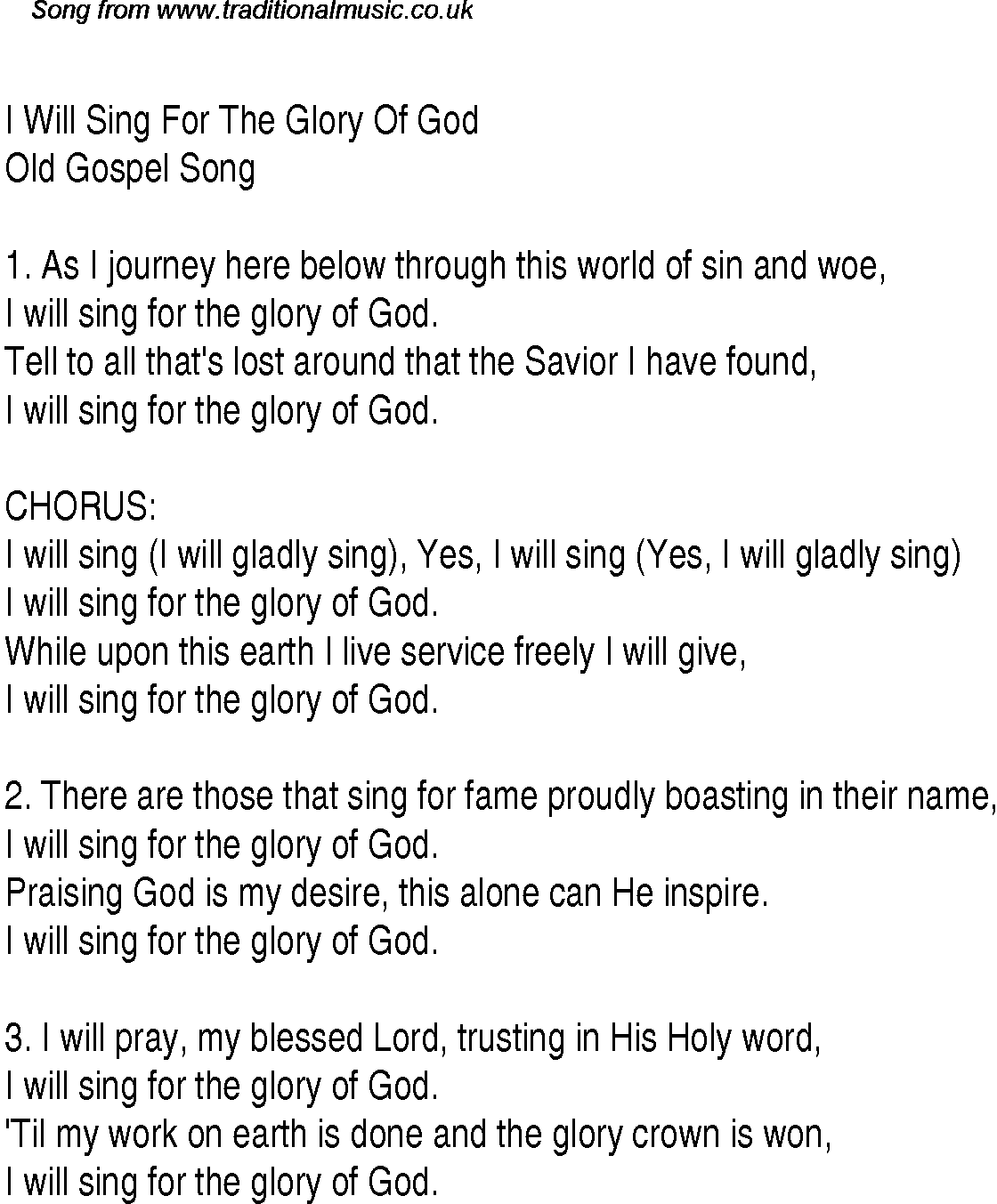 Gospel Song: i-will-sing-for-the-glory-of-god, lyrics and chords.