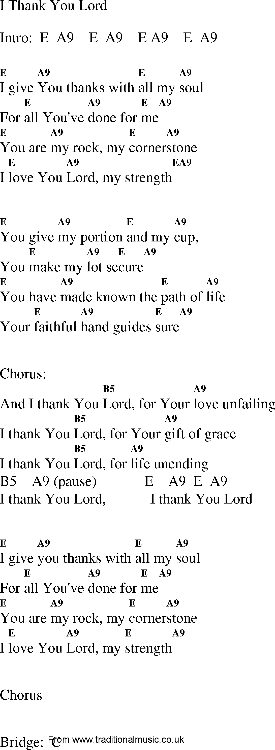 Christian Gospel Worship Song Lyrics with Chords - I Thank You Lord