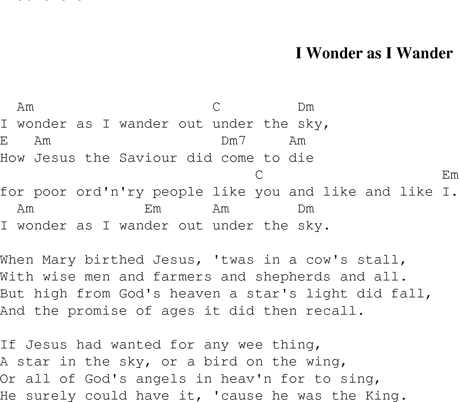 Gospel Song: i_wonder_as_i_wander, lyrics and chords.