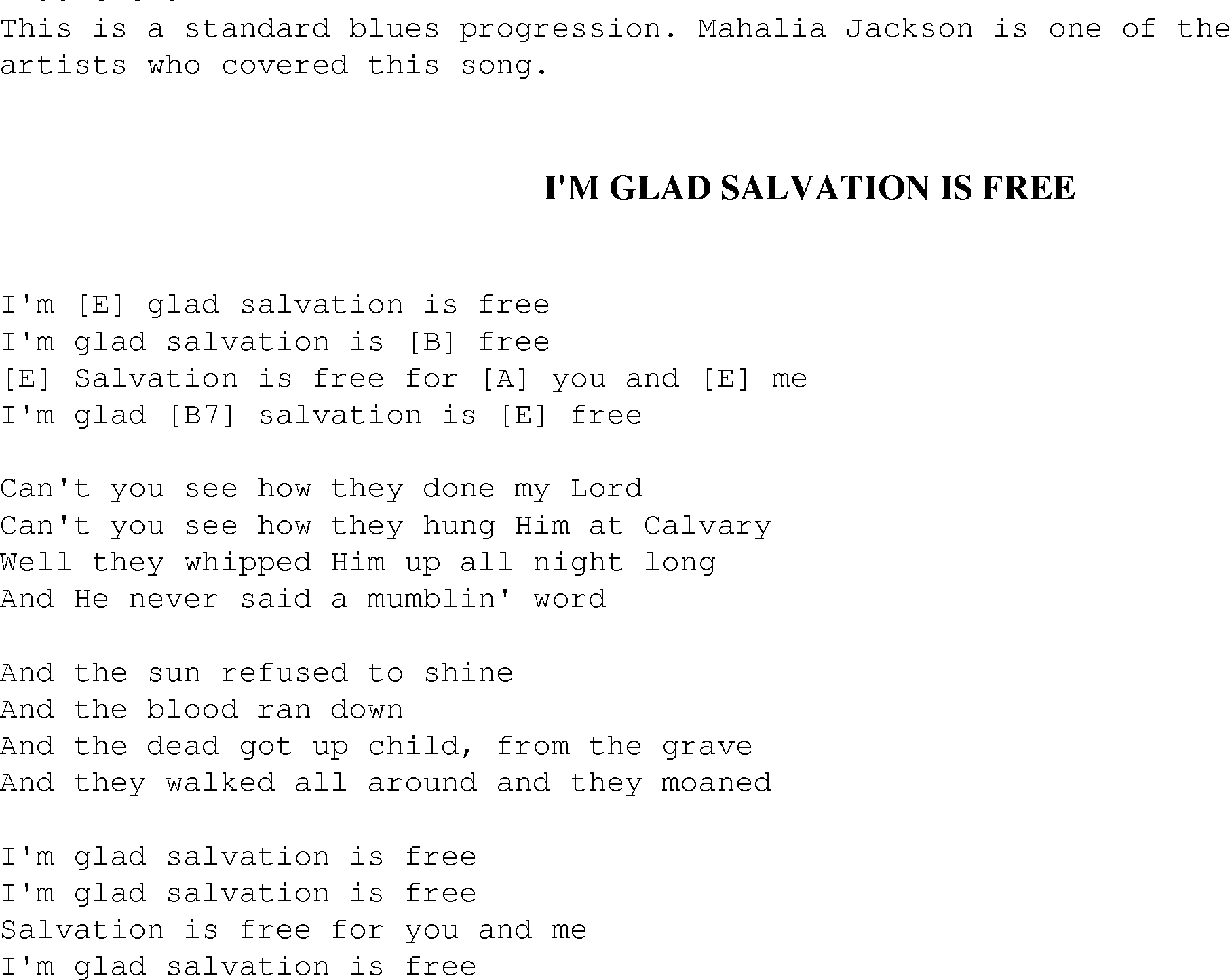 Gospel Song: im_glad_salvation_is_free, lyrics and chords.