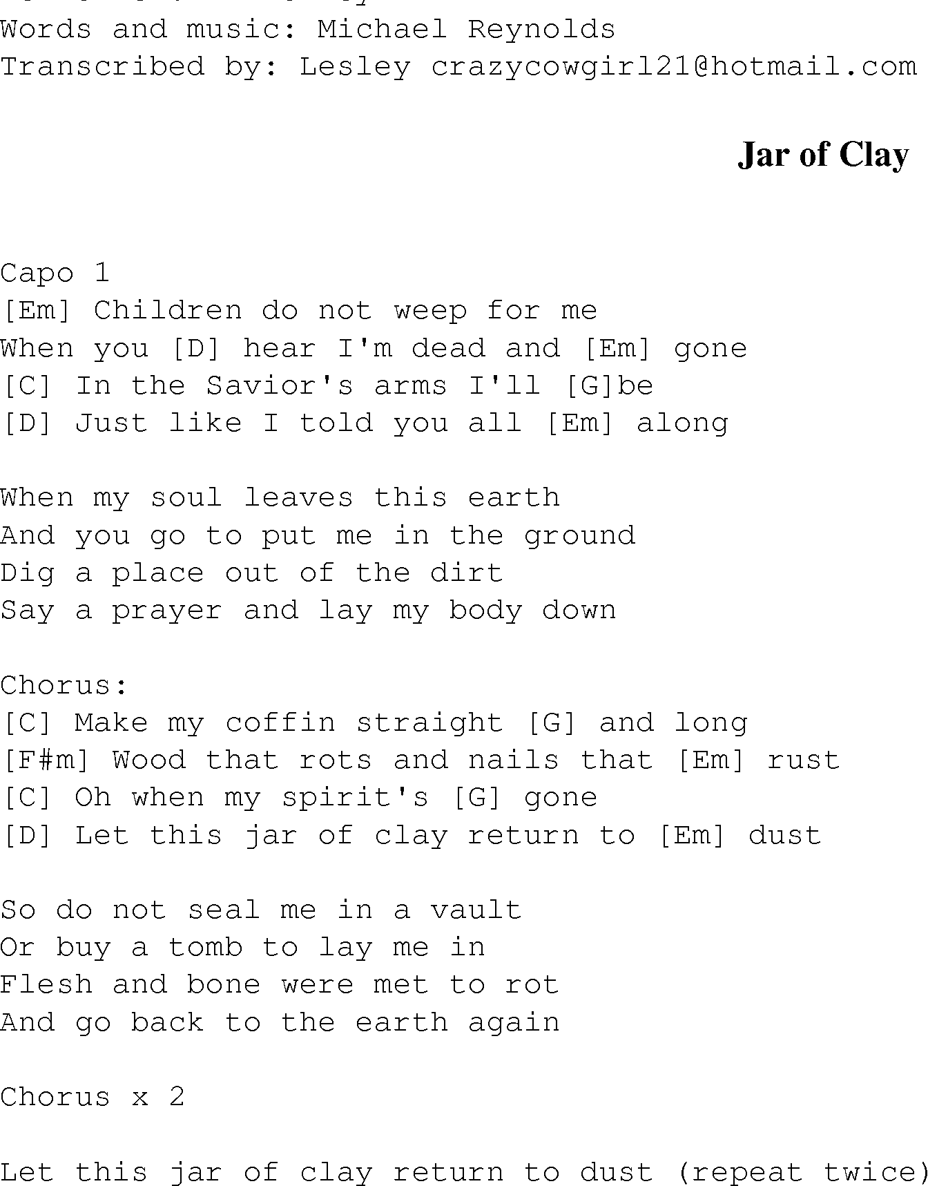Gospel Song: jars_of_clay, lyrics and chords.