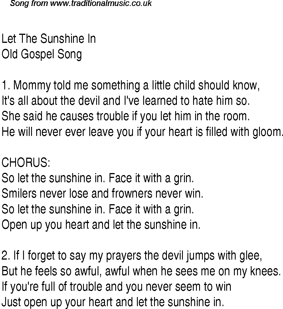 Gospel Song: let-the-sunshine-in, lyrics and chords.
