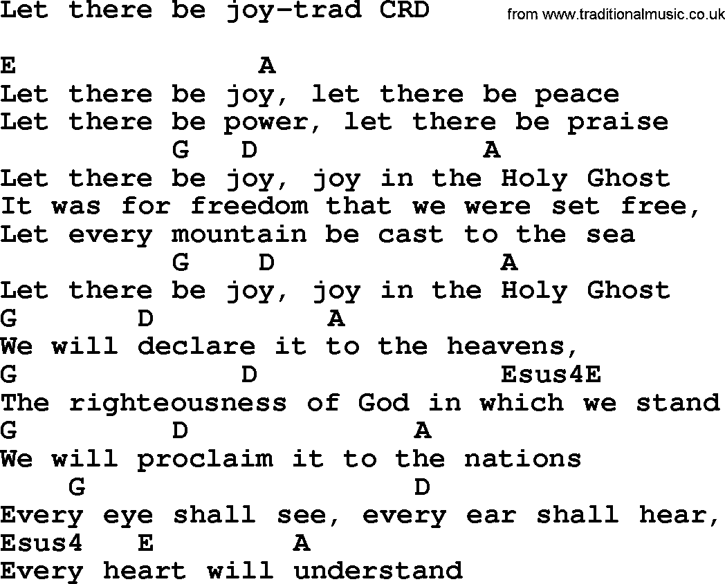 Gospel Song: Let There Be Joy-Trad, lyrics and chords.