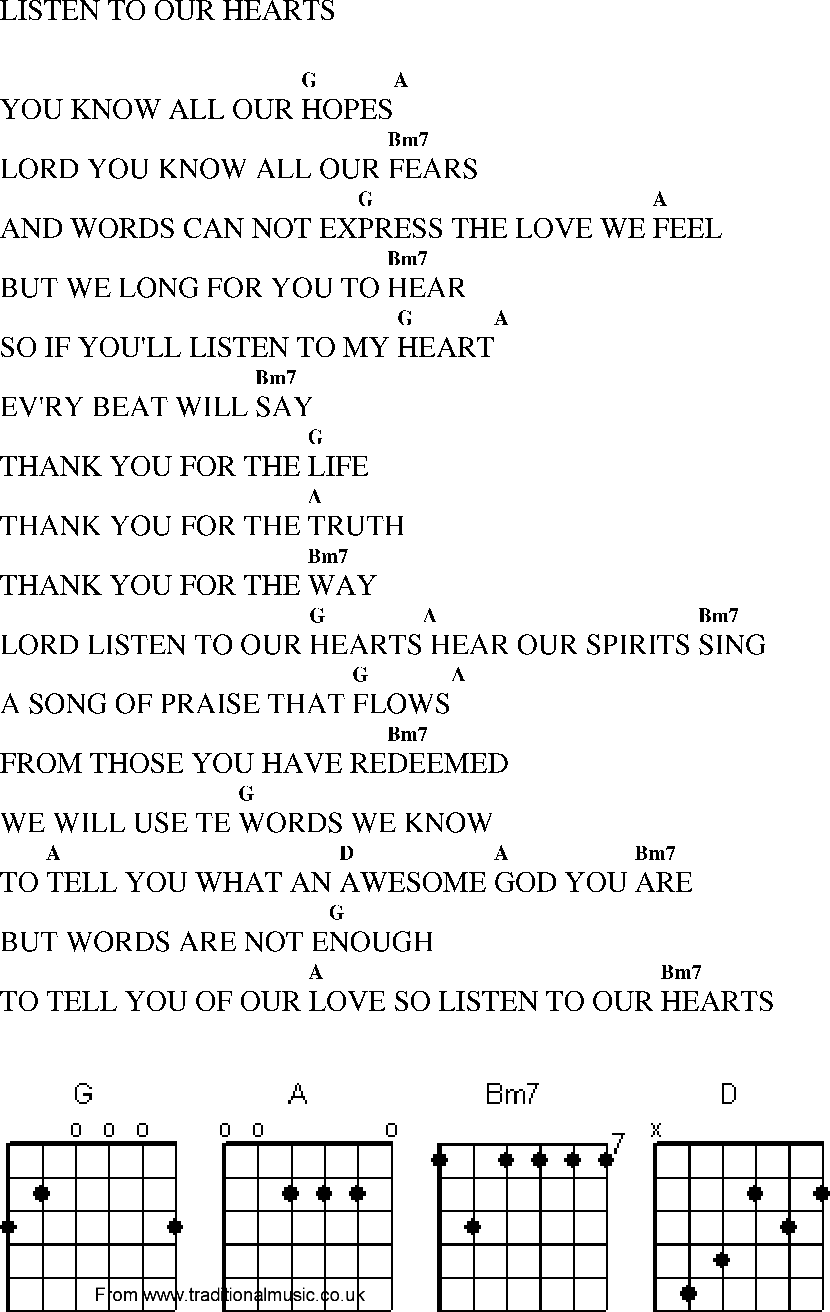 Gospel Song: listen_to_our_hearts, lyrics and chords.