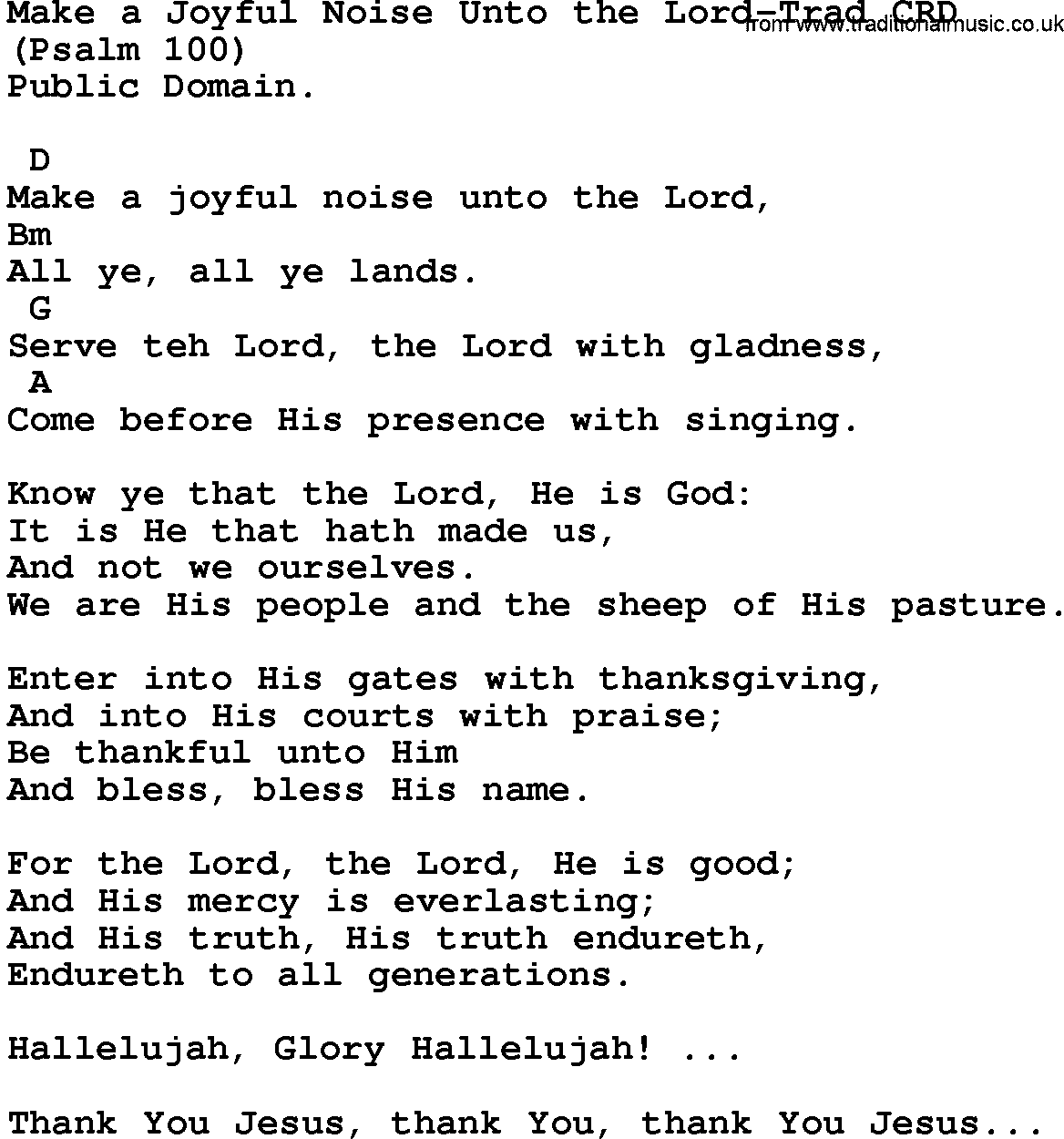 Gospel Song: Make A Joyful Noise Unto The Lord-Trad, lyrics and chords.