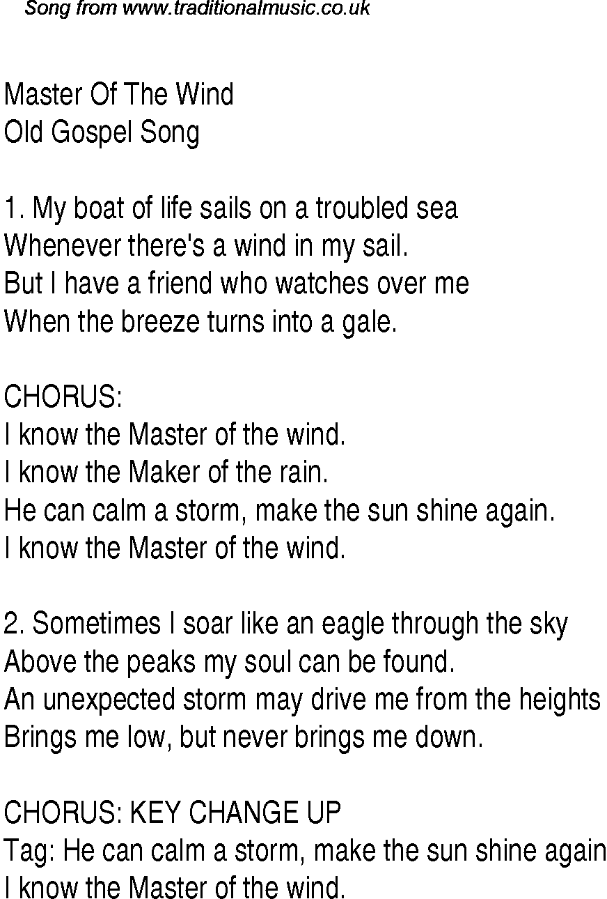 Gospel Song: master-of-the-wind, lyrics and chords.