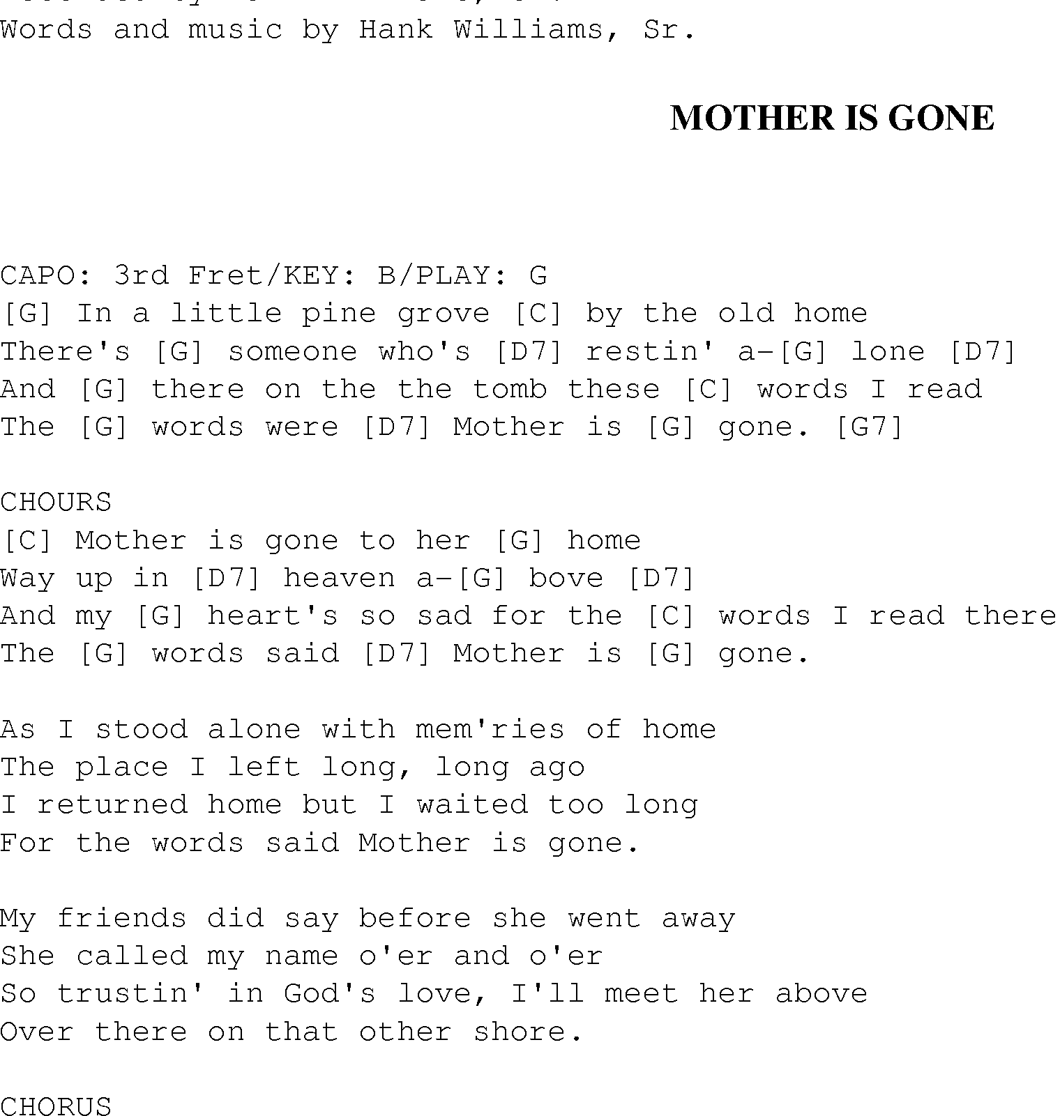 Gospel Song: mother_is_gone, lyrics and chords.