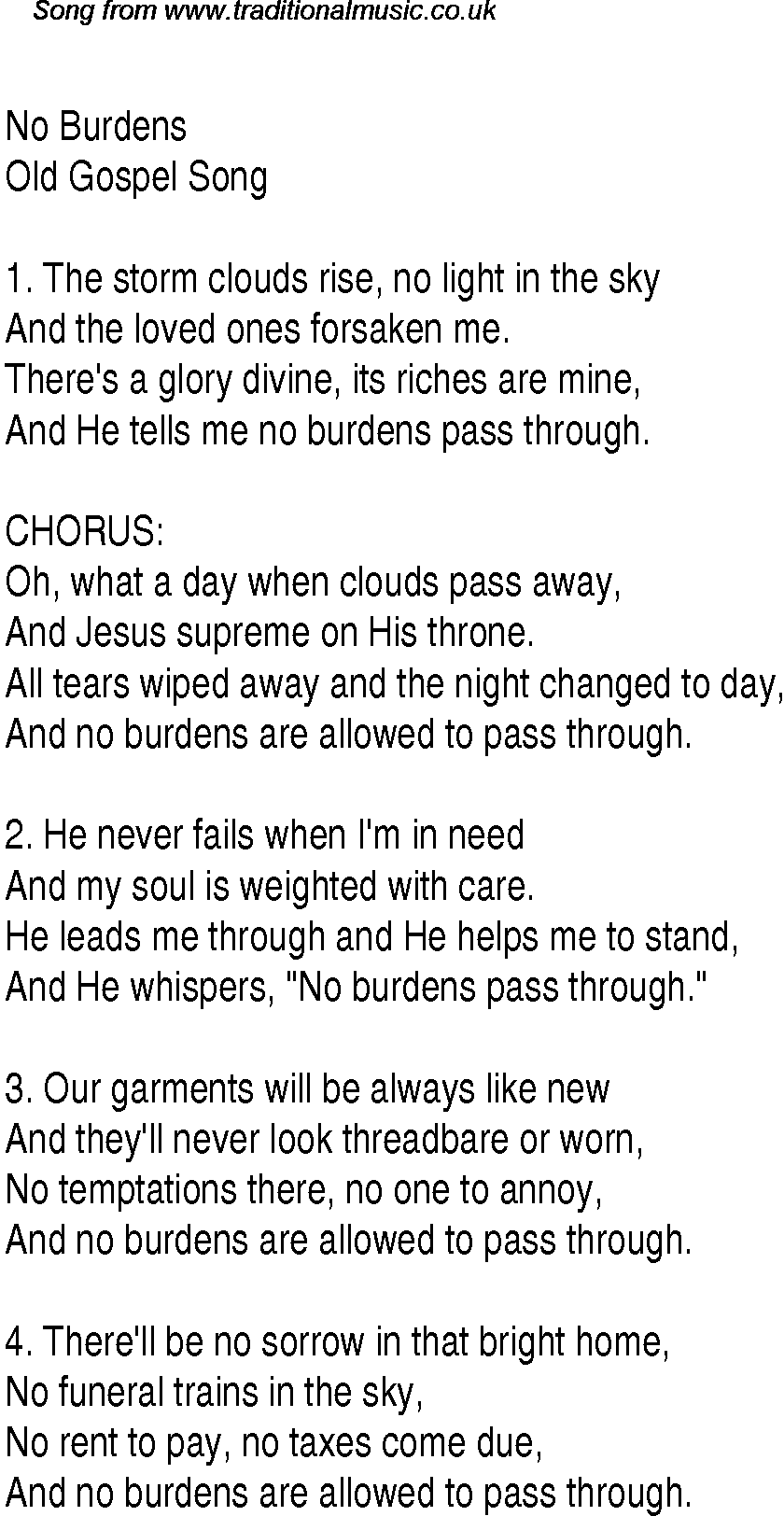 Gospel Song: no-burdens, lyrics and chords.