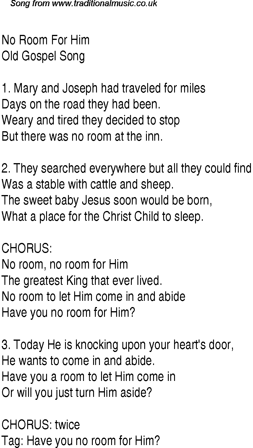 Gospel Song: no-room-for-him, lyrics and chords.