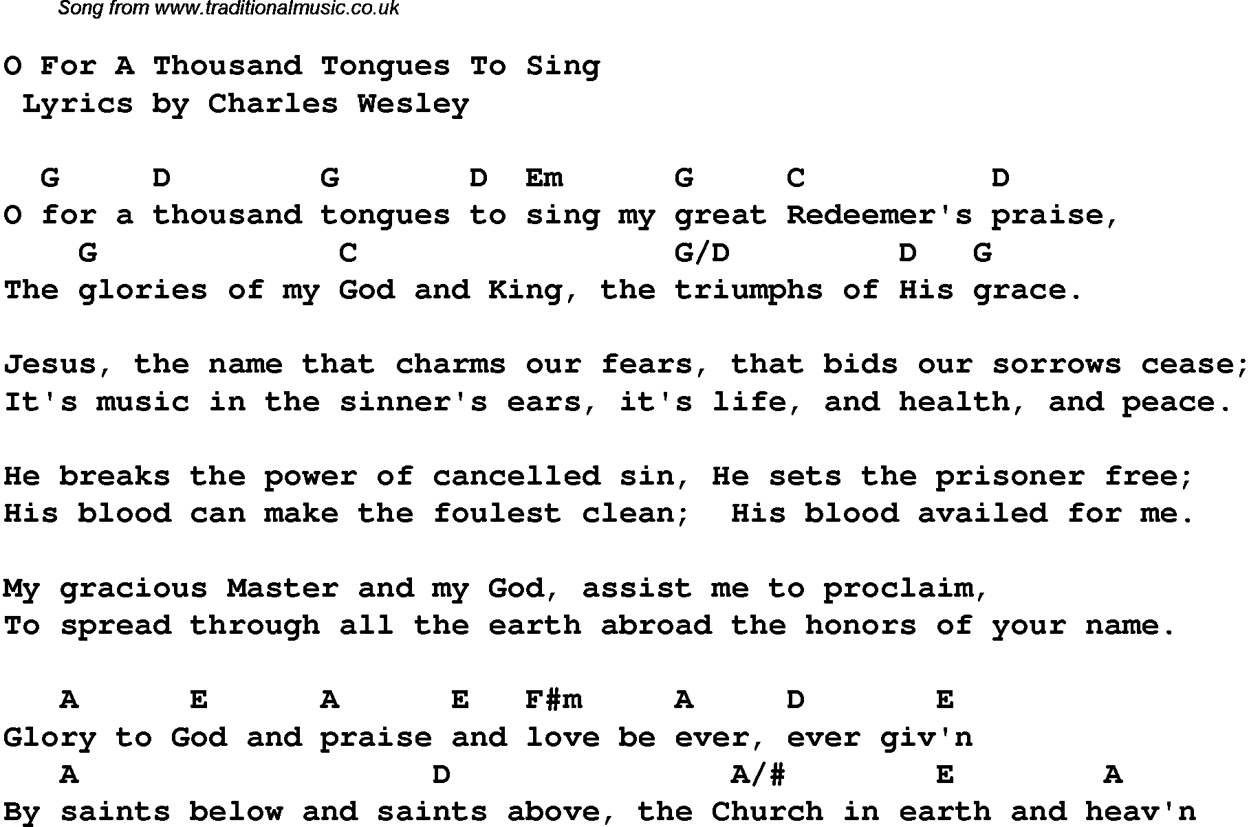 Gospel Song: o-for-a-thousand-tongues-to-sing, lyrics and chords.