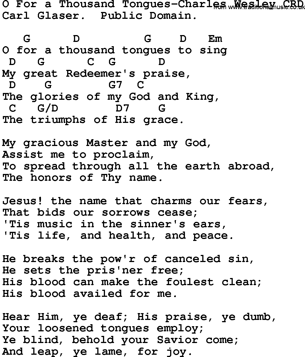 Gospel Song: O For A Thousand Tongues-Charles Wesley, lyrics and chords.
