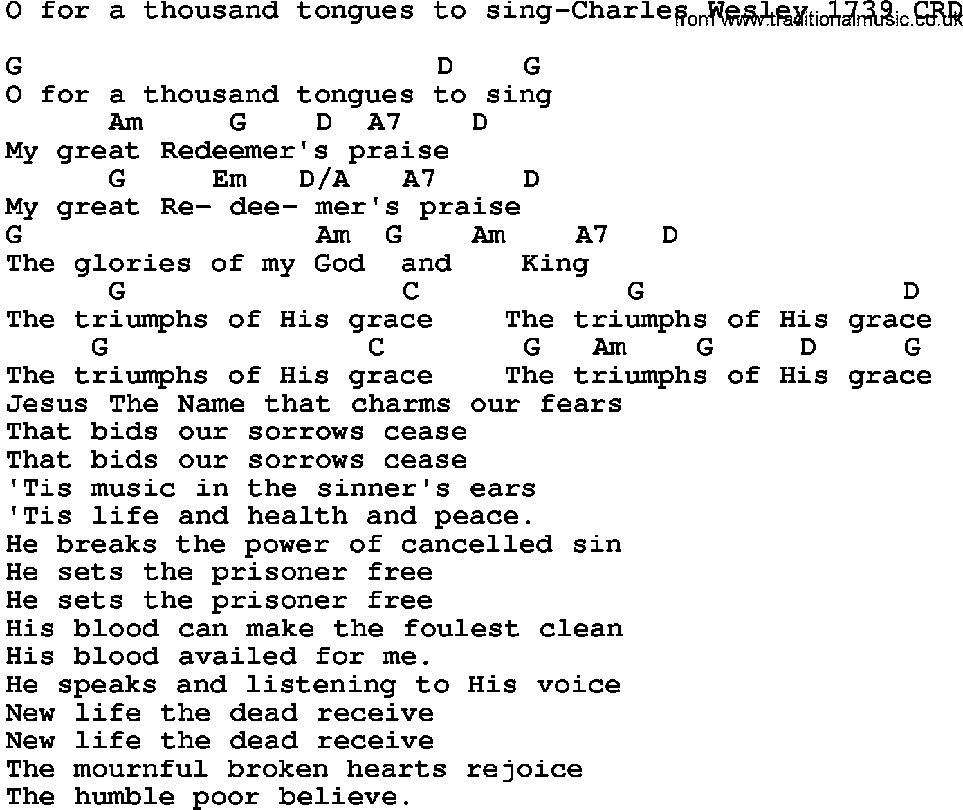 Gospel Song: O For A Thousand Tongues To Sing-Charles Wesley 1739, lyrics and chords.