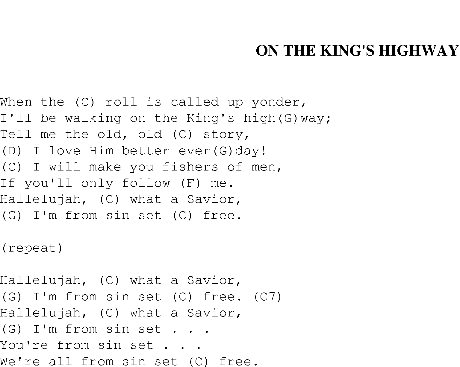 Gospel Song: on_the_kings_highway, lyrics and chords.