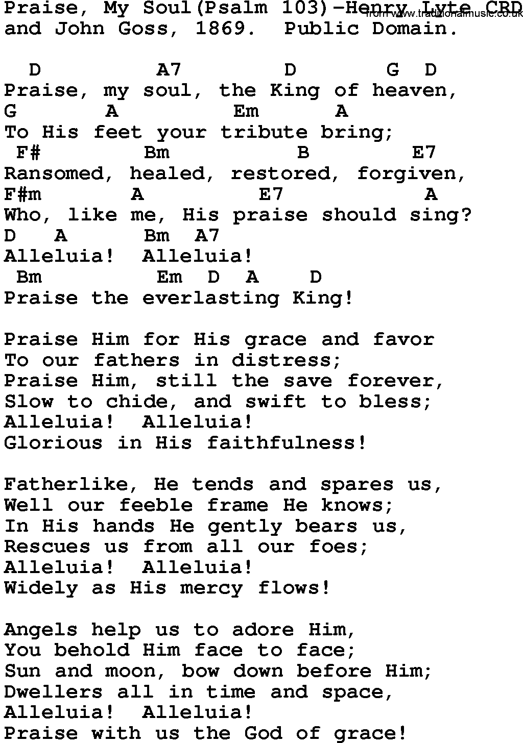 Gospel Song: Praise, My Soul(Psalm 103)-Henry Lyte, lyrics and chords.