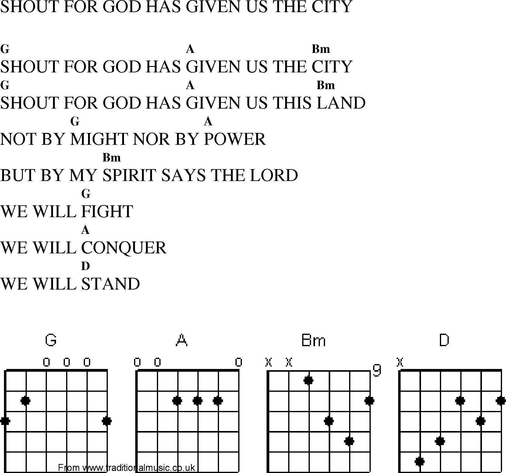 Gospel Song: shout_for_god_has_given_us_the_city, lyrics and chords.
