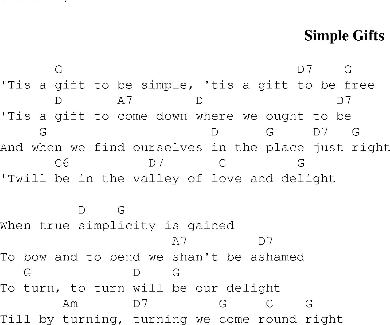 Gospel Song: simple_gifts, lyrics and chords.