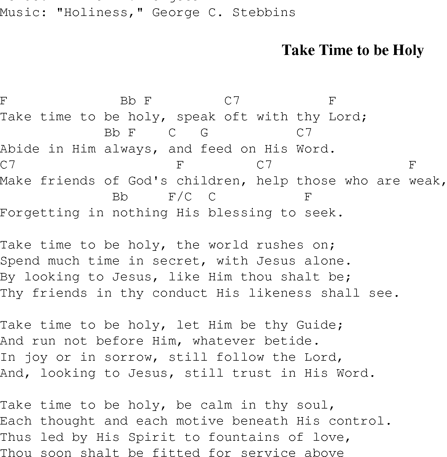 Gospel Song: take_time_to_be_holy, lyrics and chords.