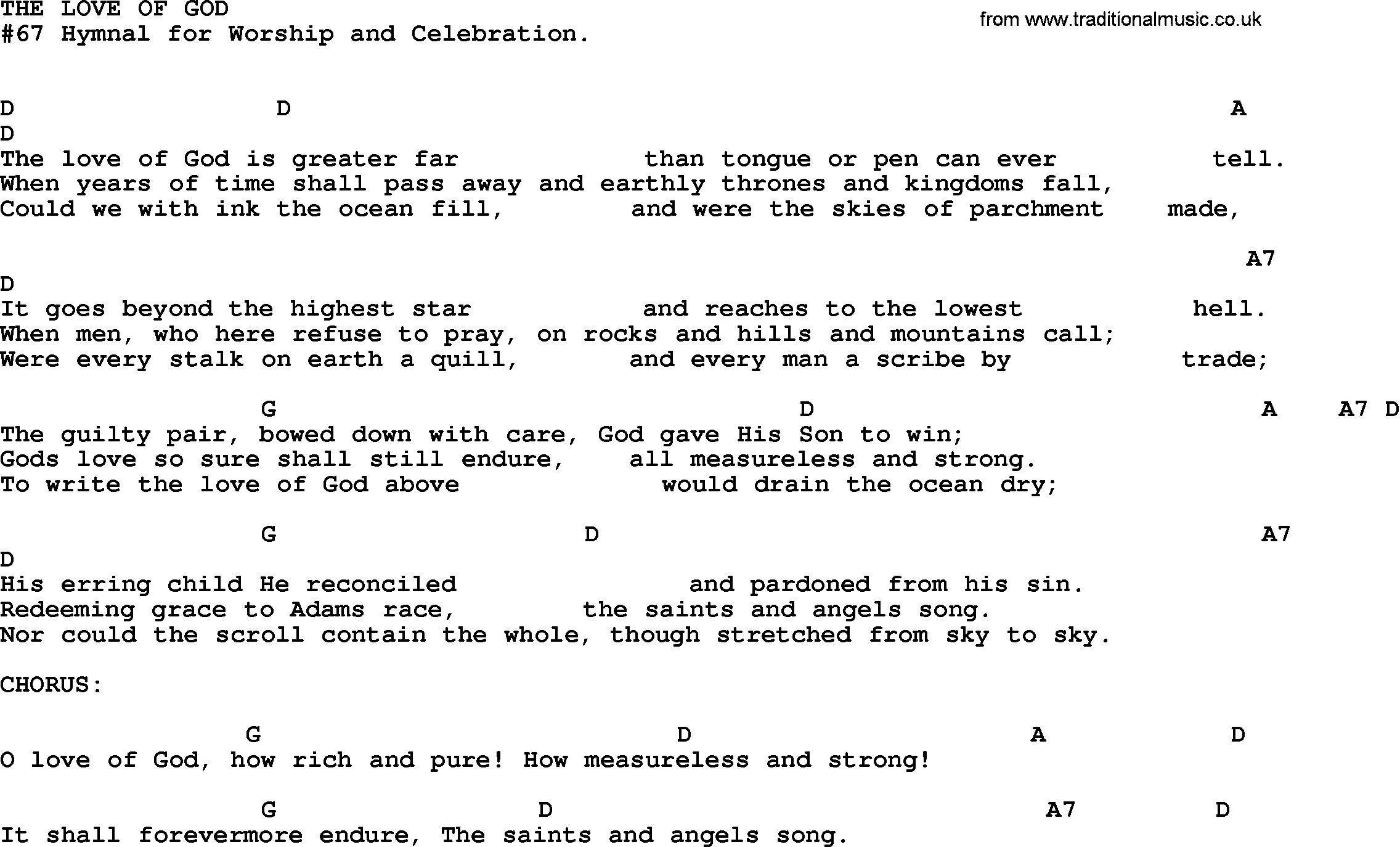 Gospel Song: The Love Of God-Trad, lyrics and chords.