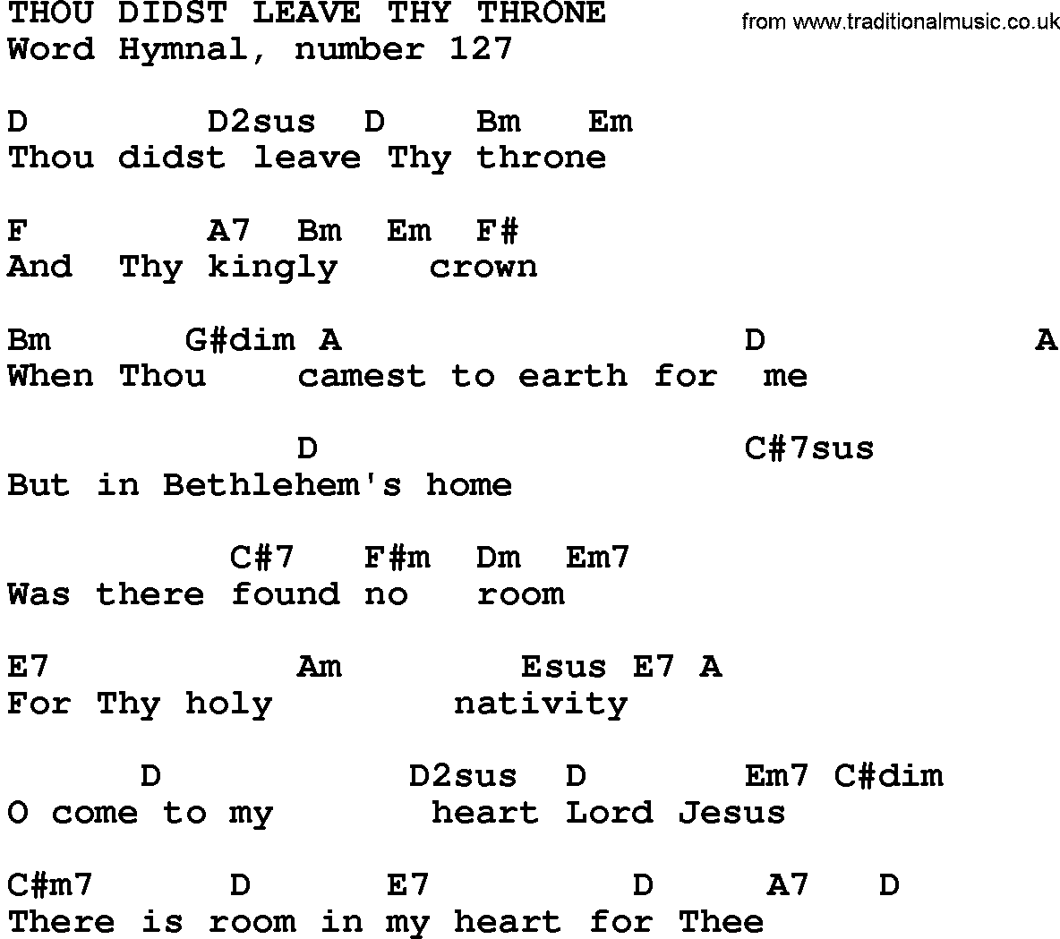 Gospel Song: Thou Didst Leave Thy Throne-Trad, lyrics and chords.