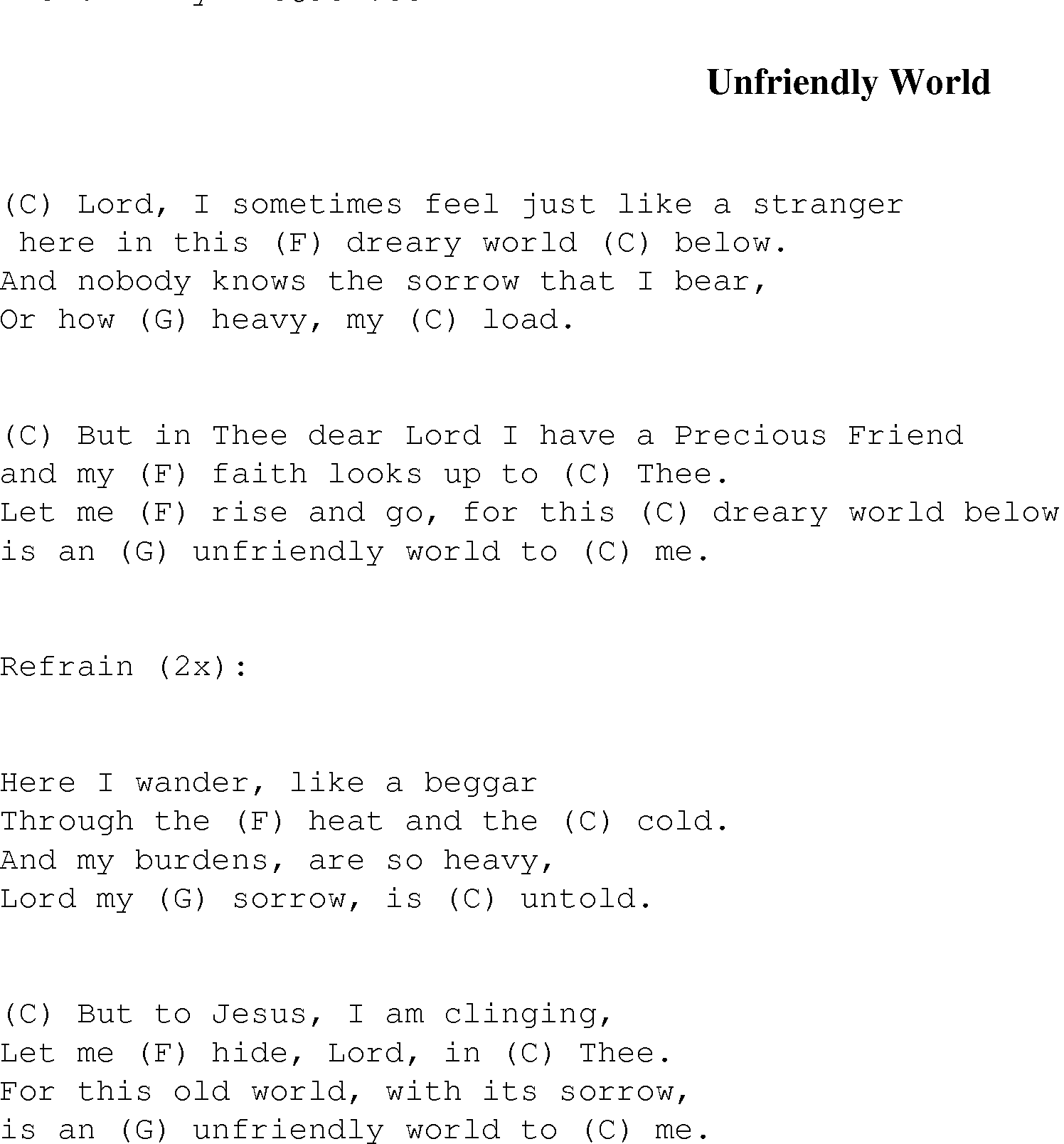 Gospel Song: unfriendly_world, lyrics and chords.