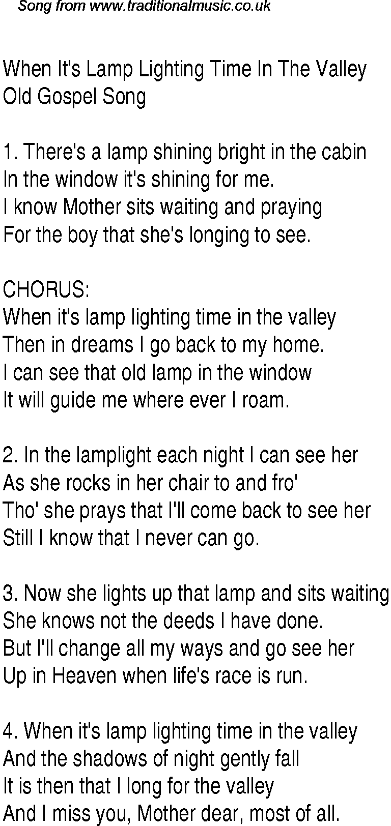 Gospel Song: when-it's-lamp-lighting-time-in-the-valley, lyrics and chords.