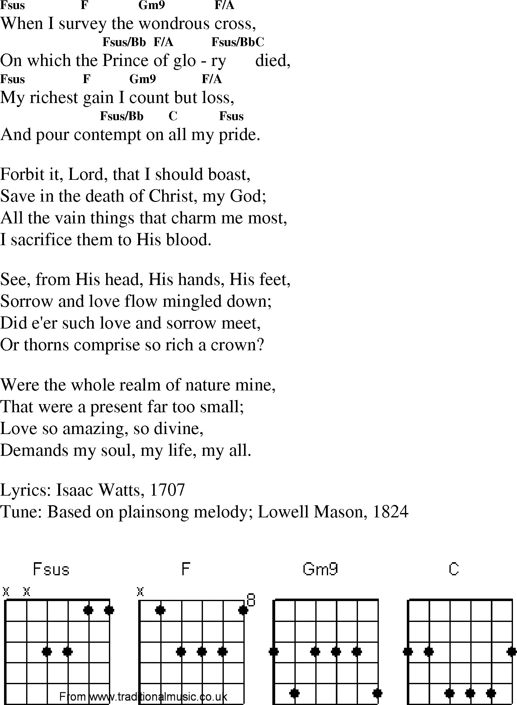 Gospel Song: when_i_survey_the_wondrous_cross, lyrics and chords.