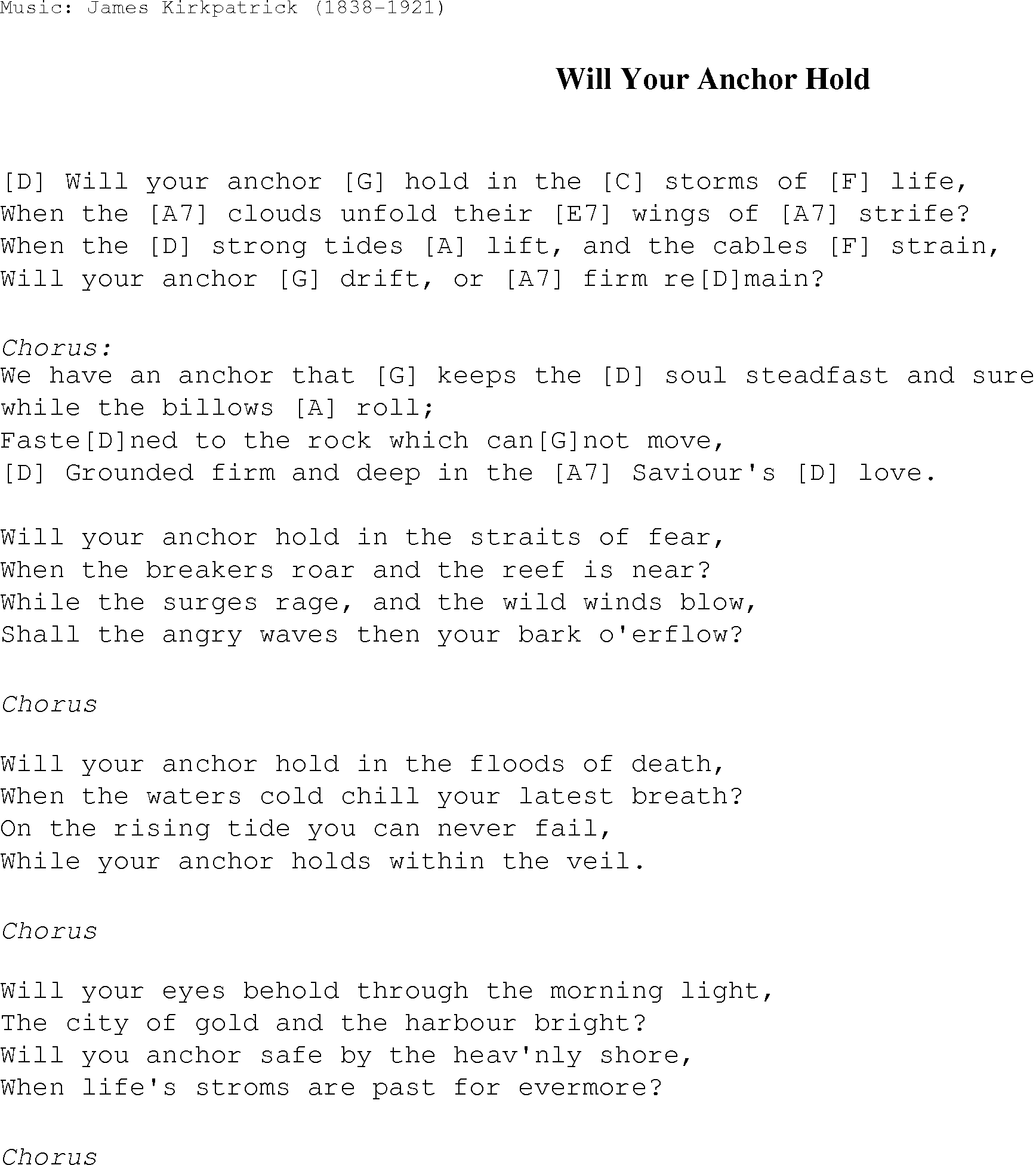 Gospel Song: will_your_anchor_hold, lyrics and chords.