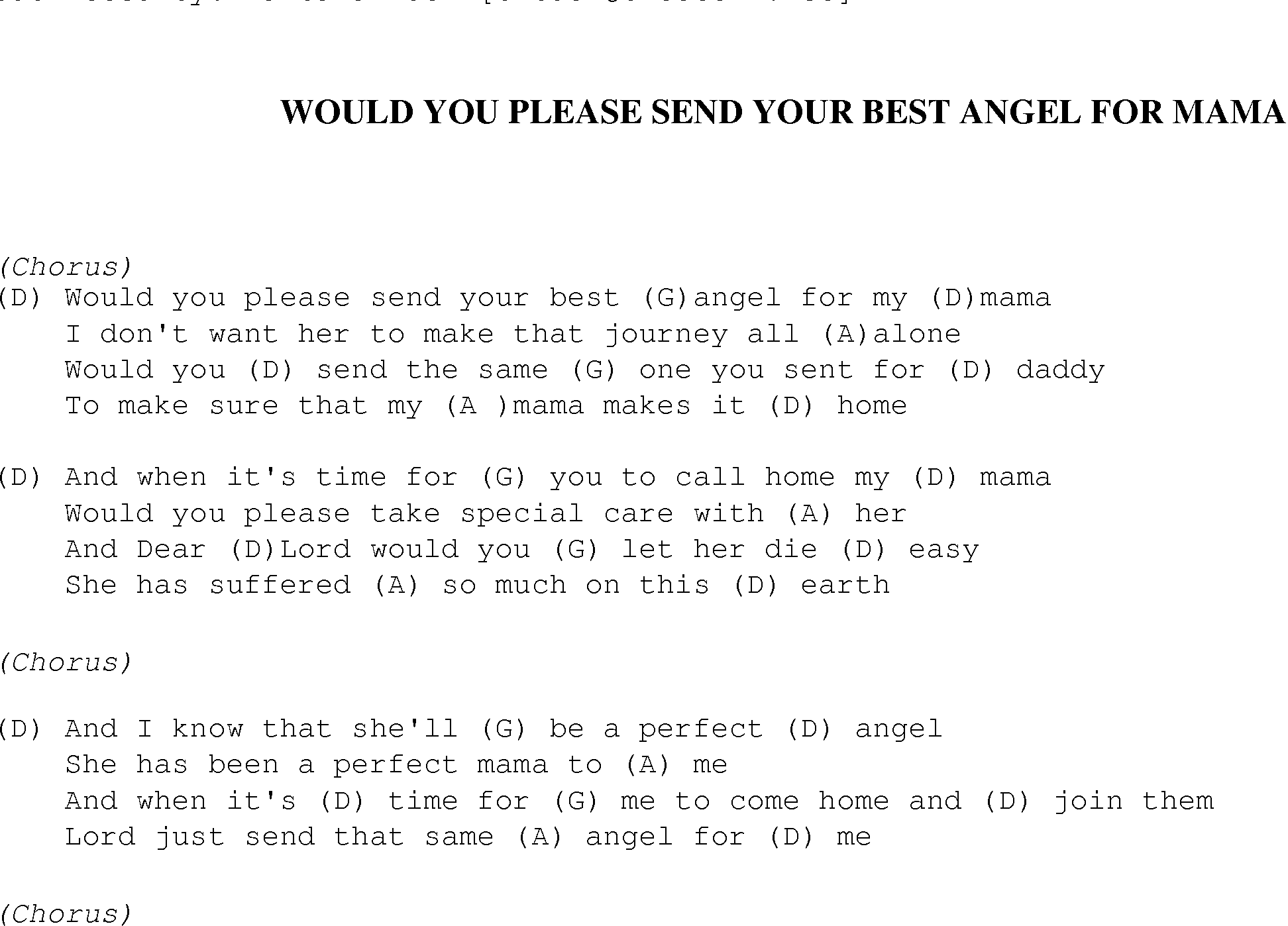 Gospel Song: would_you_send_your_best_angel, lyrics and chords.