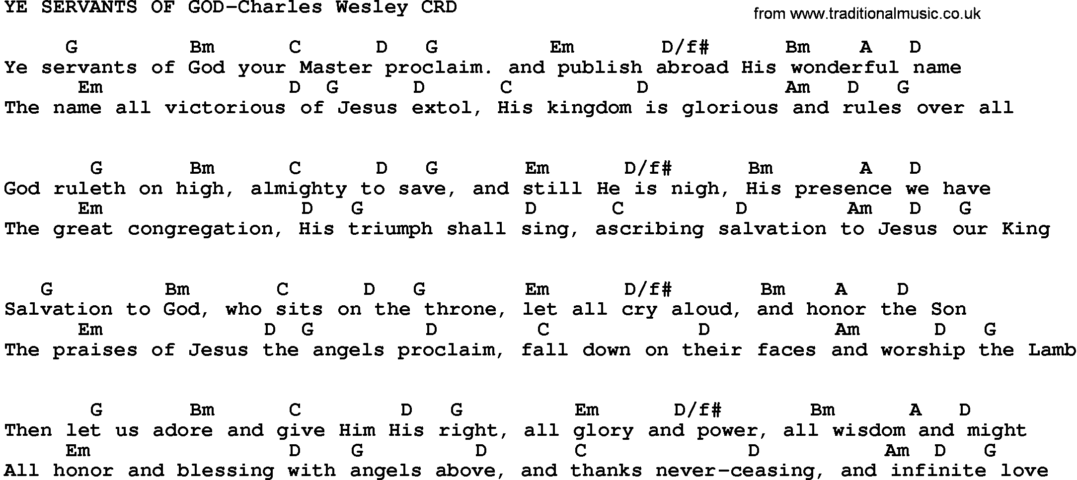 Gospel Song: Ye Servants Of God-Charles Wesley, lyrics and chords.