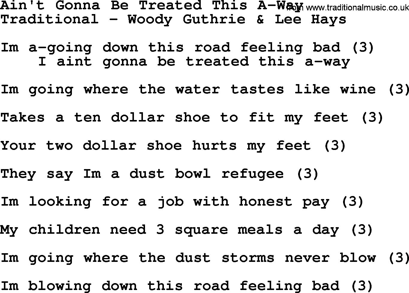 Woody Guthrie song Ain't Gonna Be Treated This A-way lyrics and chords
