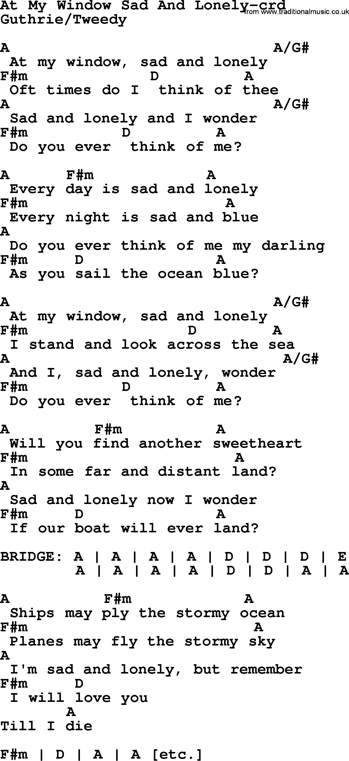 Woody Guthrie song At My Window Sad And Lonely lyrics and chords