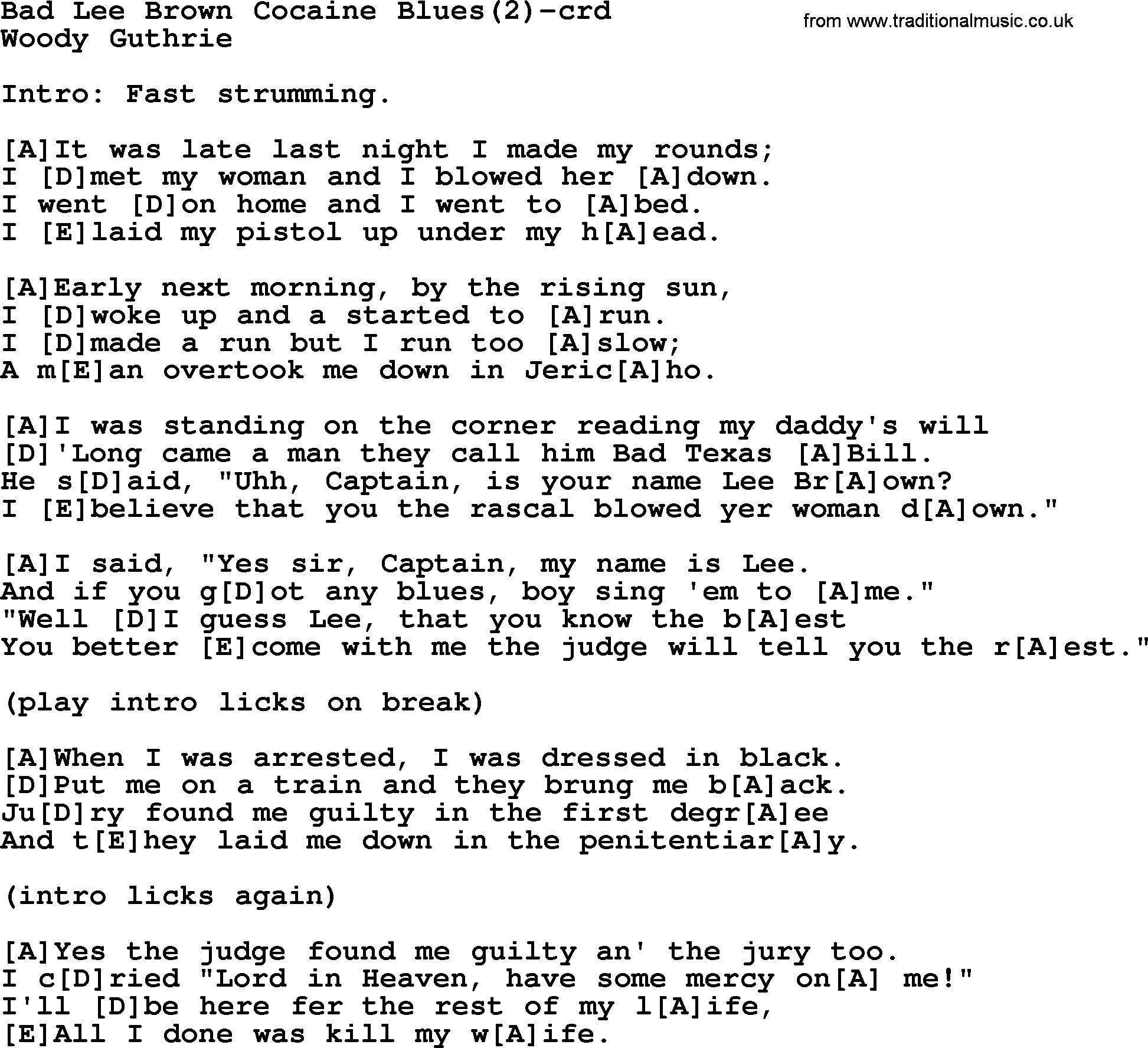 Woody Guthrie song Bad Lee Brown Cocaine Blues(2) lyrics and chords