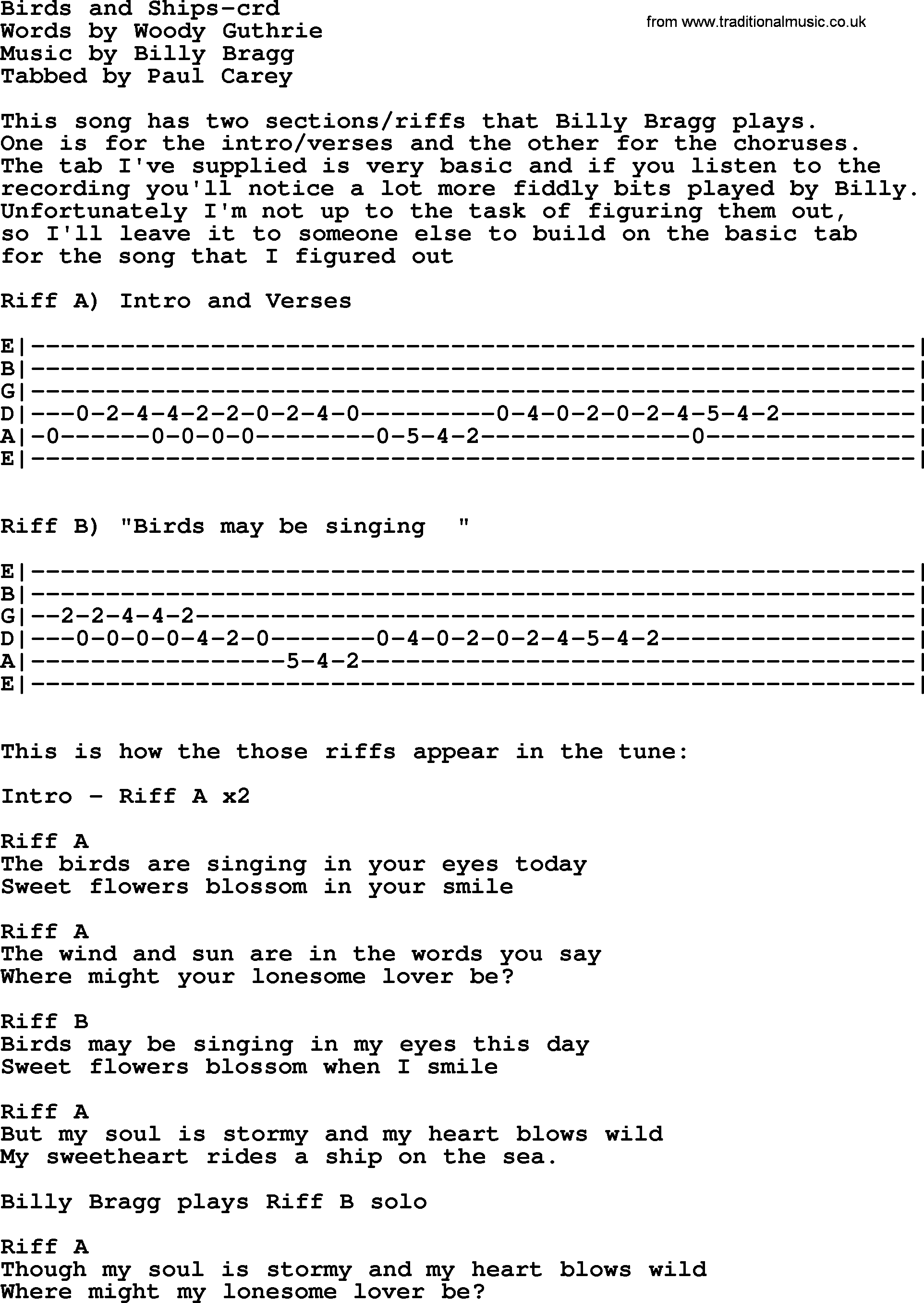 Woody Guthrie song Birds And Ships lyrics and chords