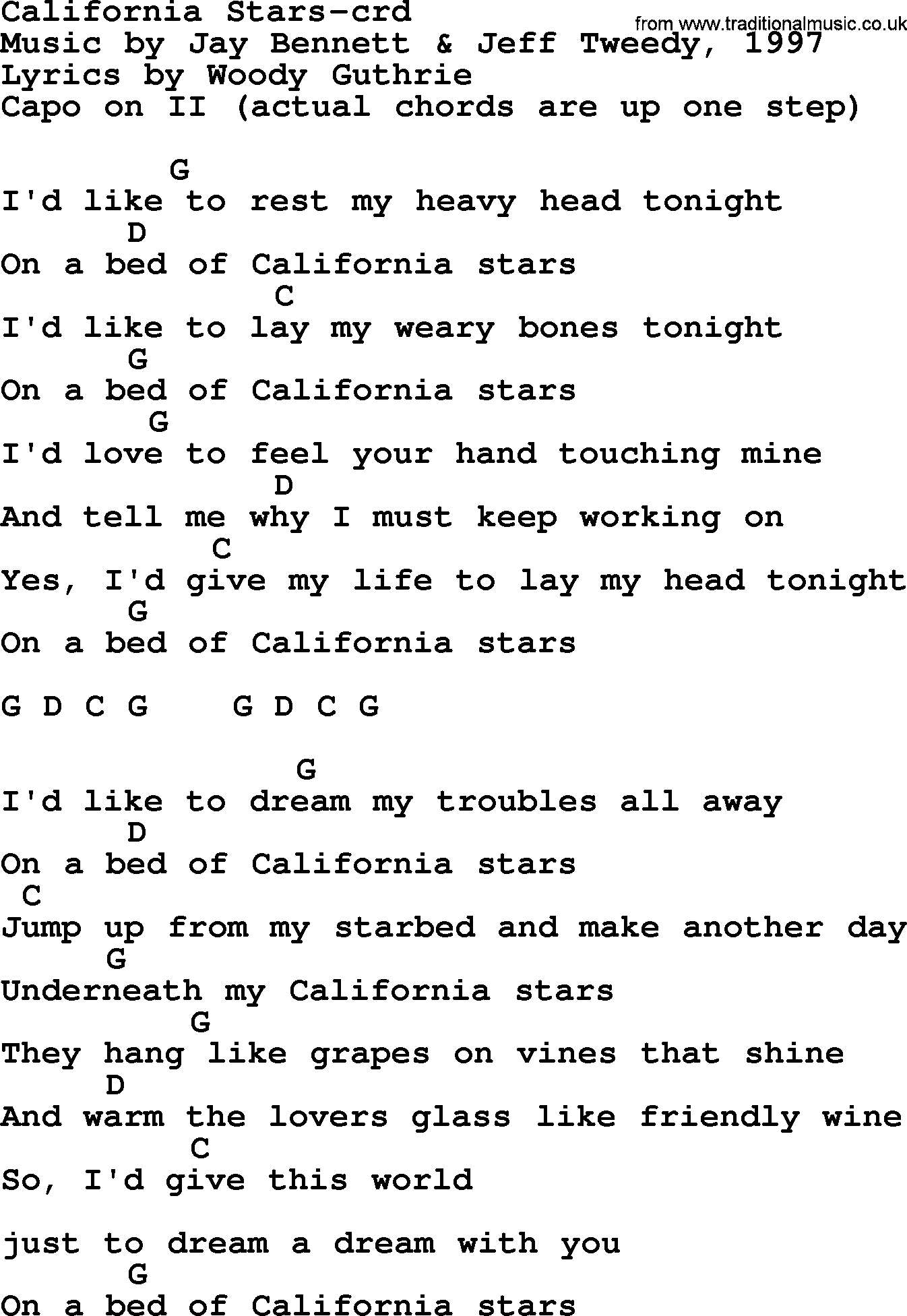Woody Guthrie song California Stars lyrics and chords