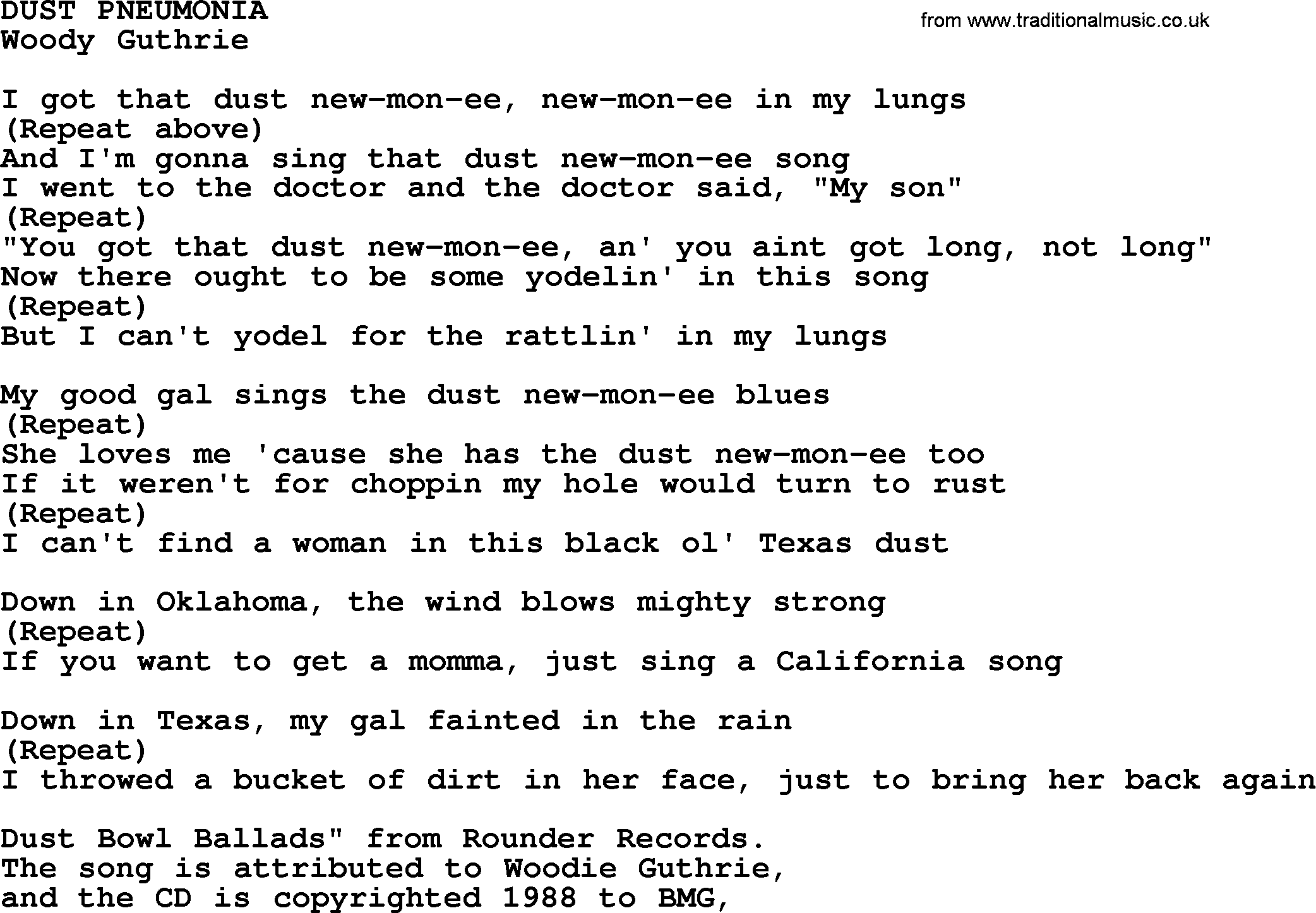 Woody Guthrie song Dust Pneumonia lyrics