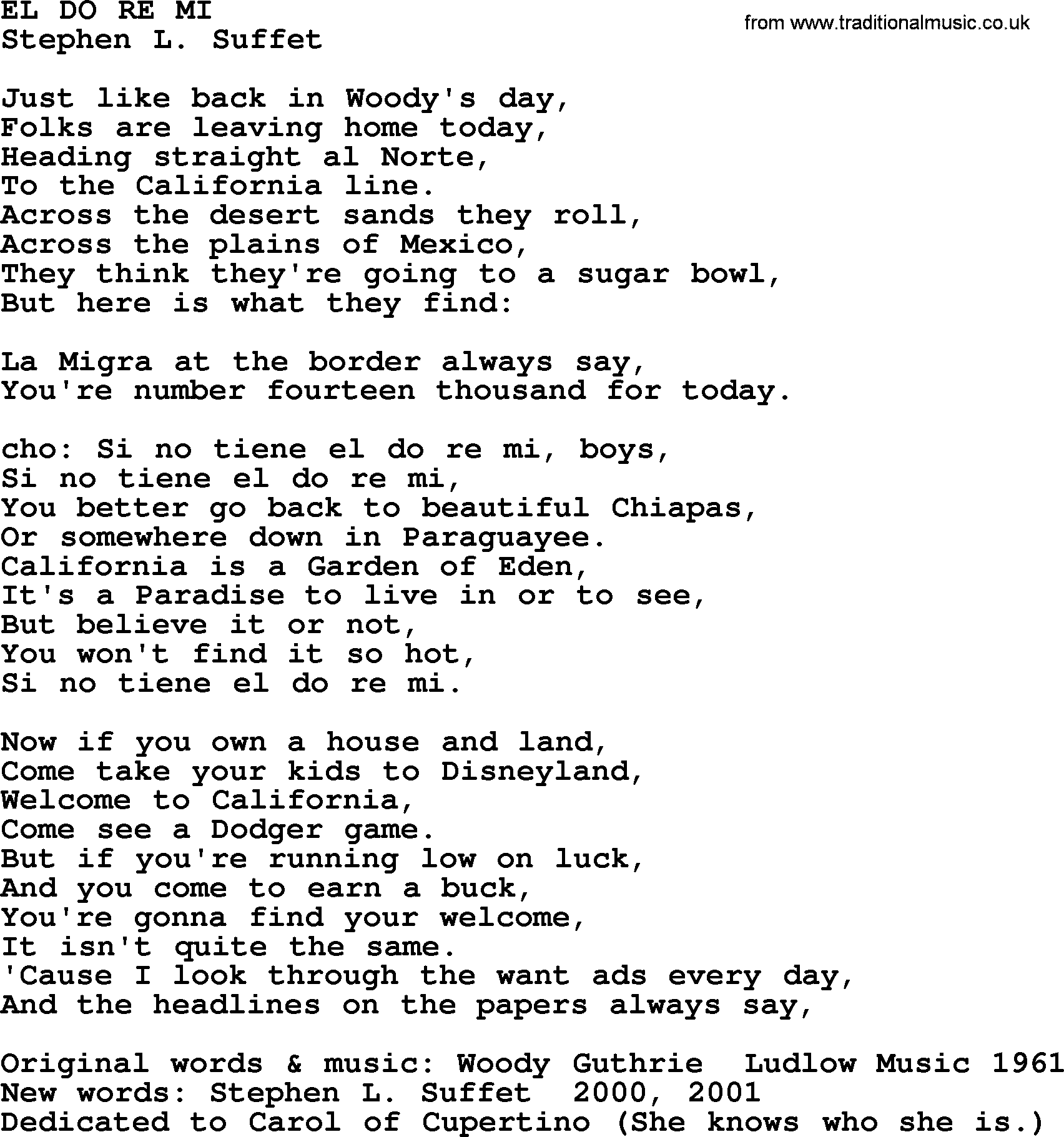 Woody Guthrie song El Do Re Mi lyrics