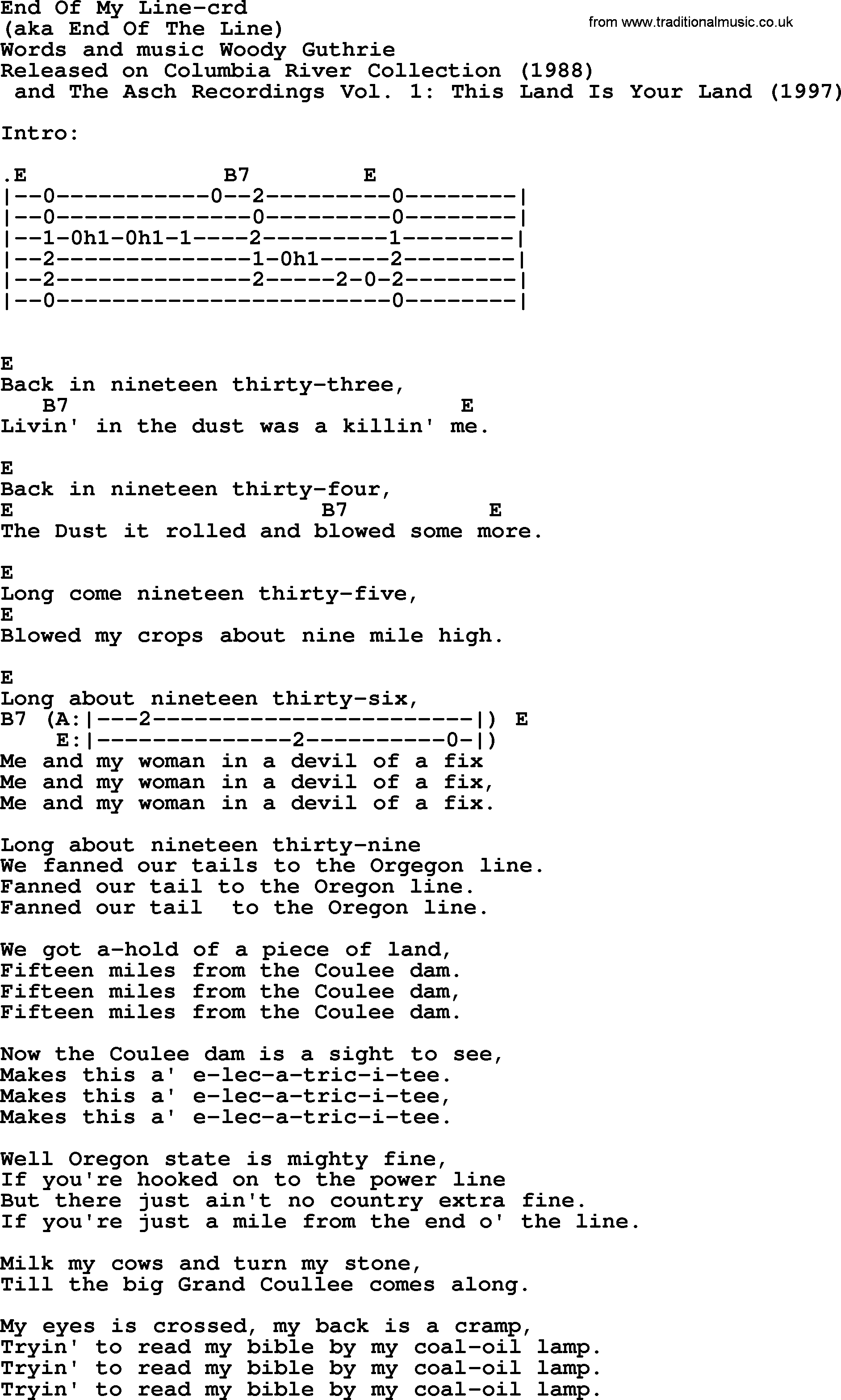 Woody Guthrie song End Of My Line lyrics and chords