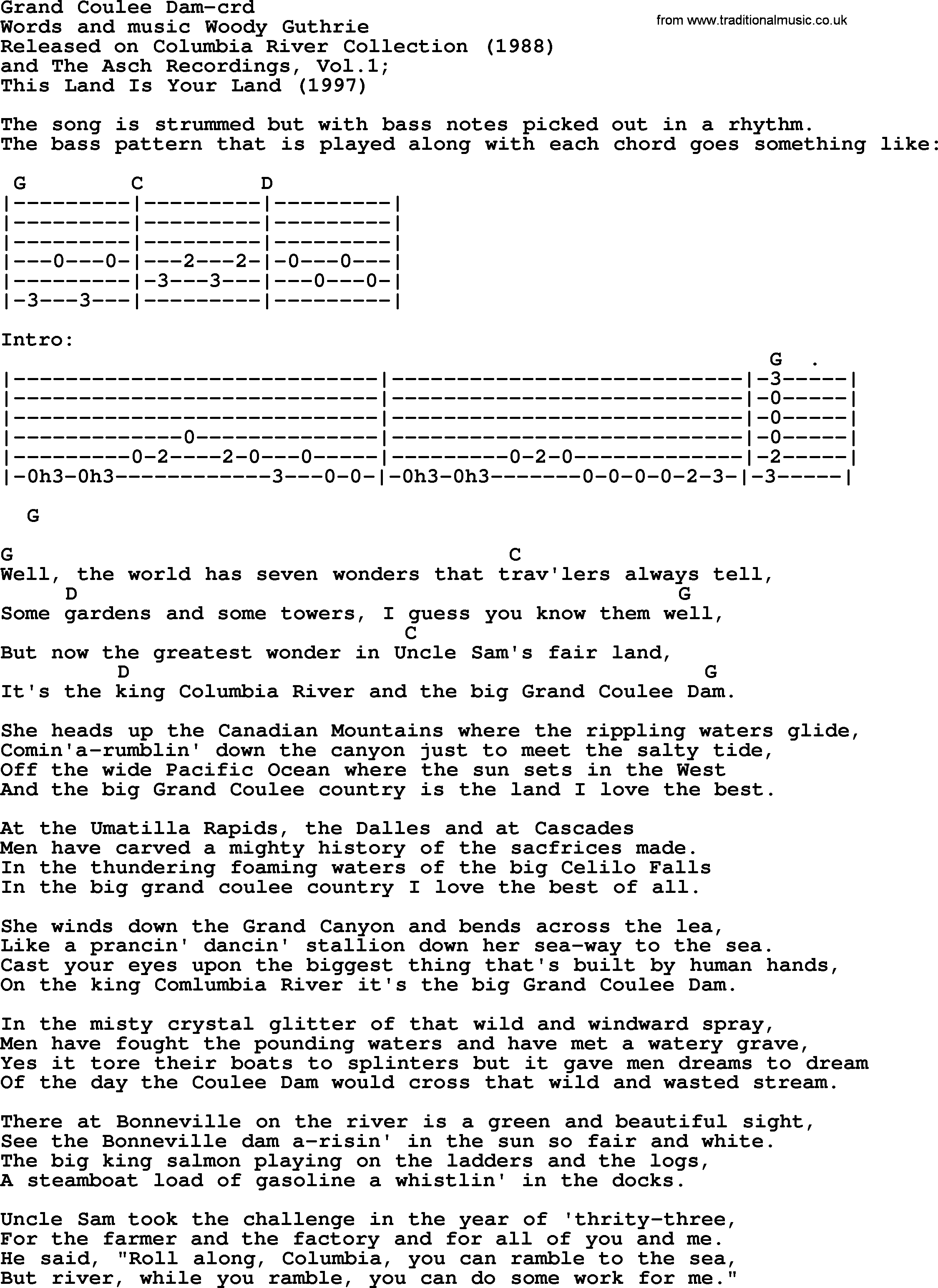 Woody Guthrie song Grand Coulee Dam lyrics and chords