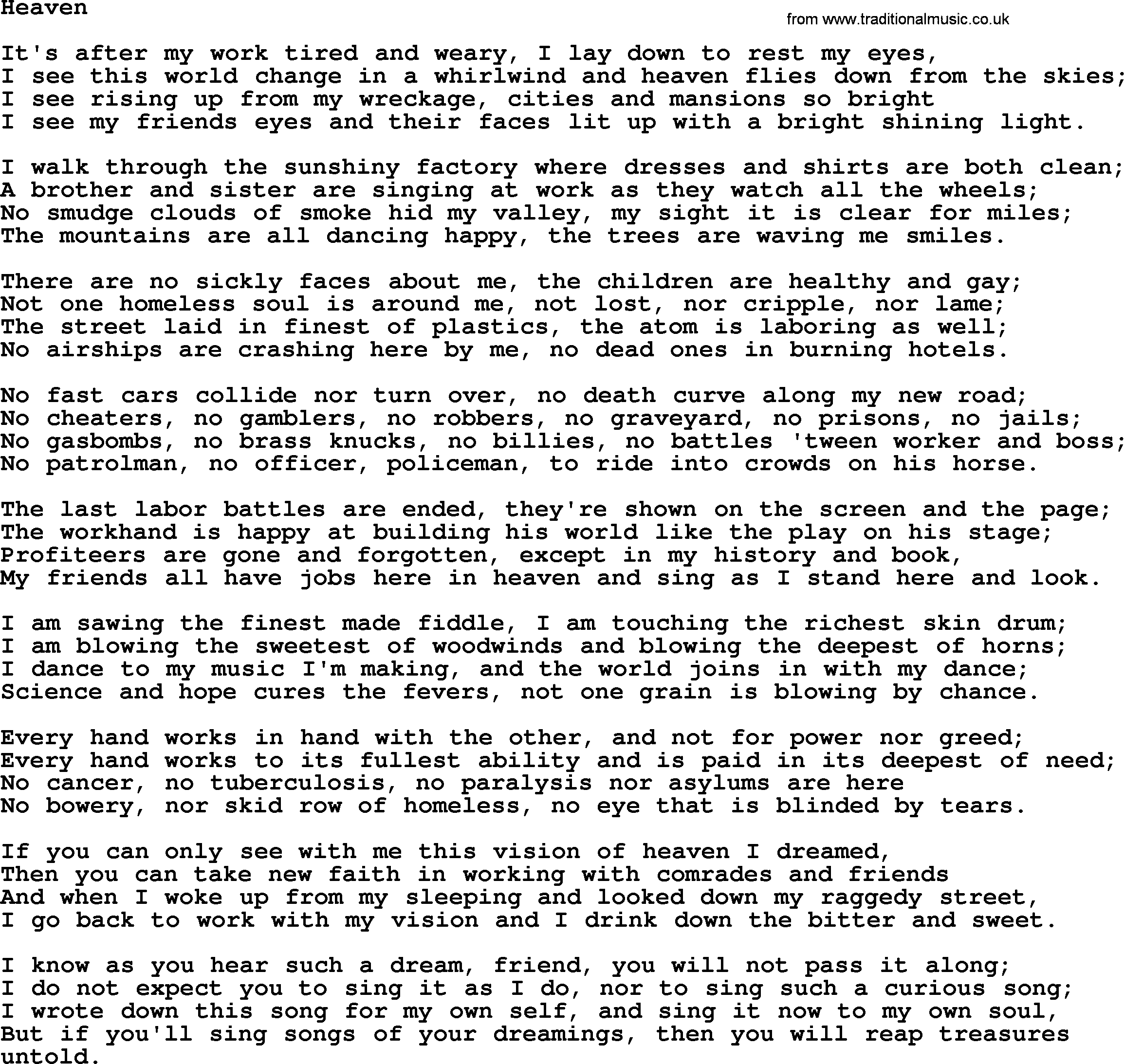 Woody Guthrie song Heaven lyrics