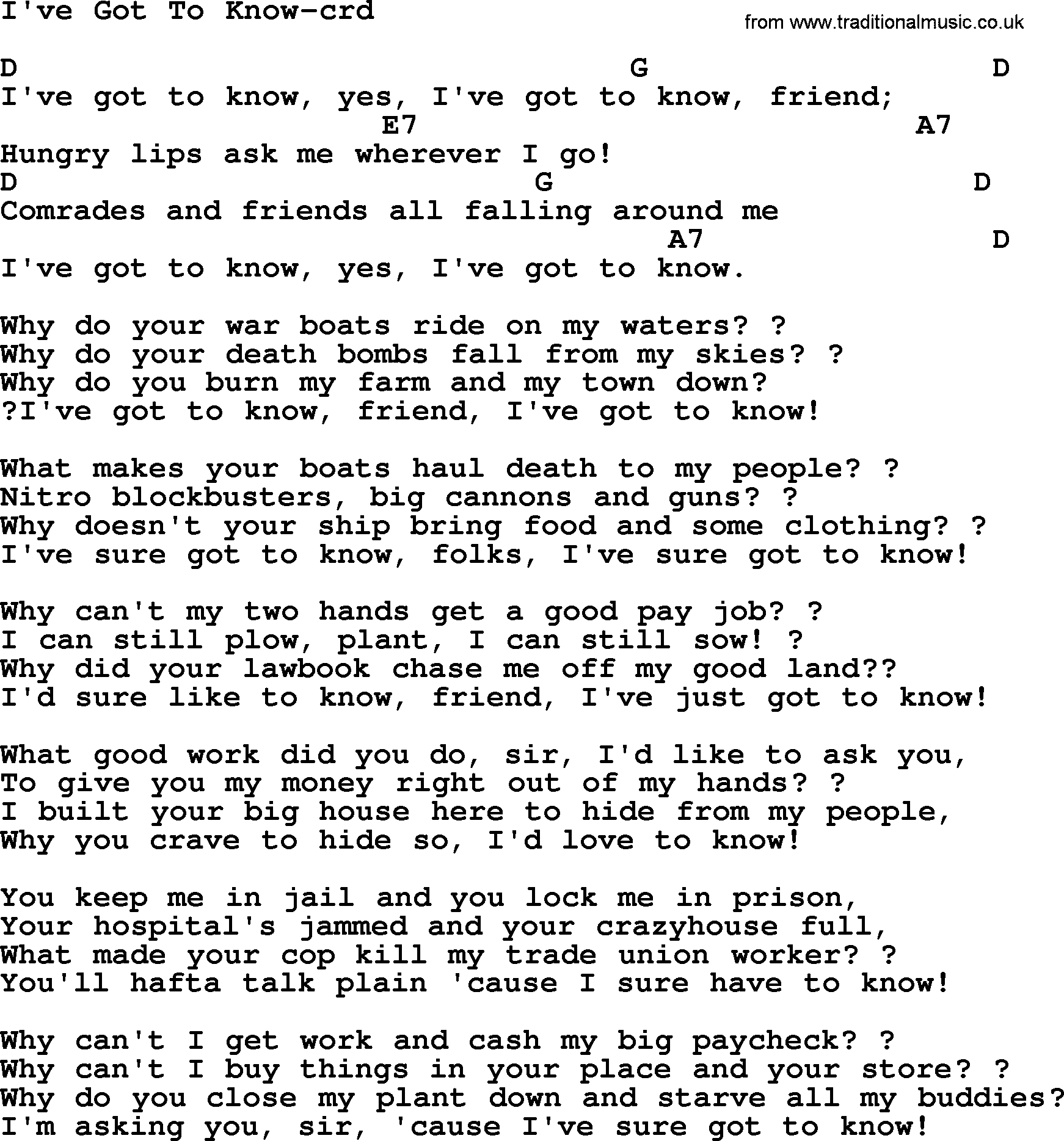 Woody Guthrie song I've Got To Know lyrics and chords