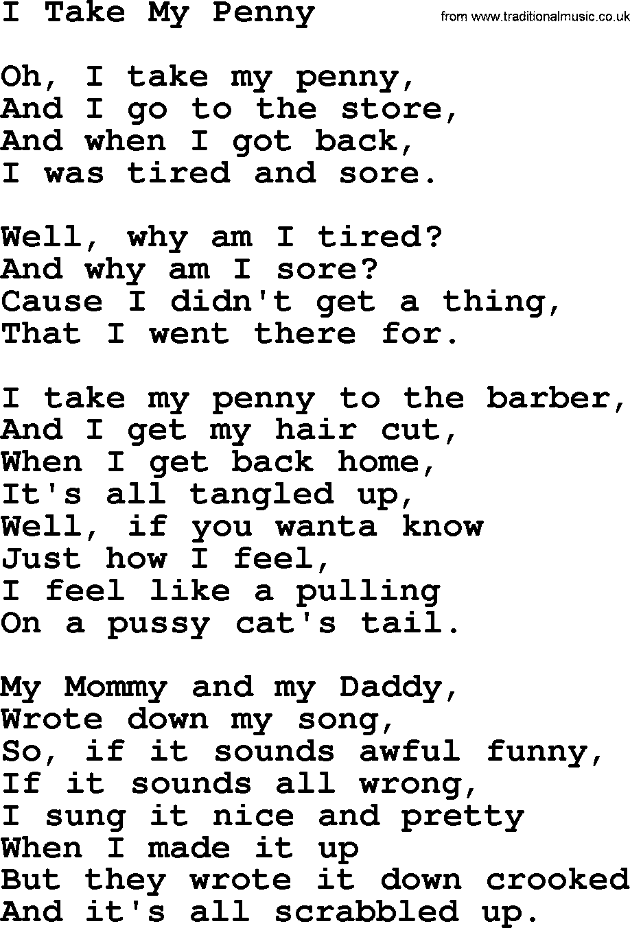 Woody Guthrie song I Take My Penny lyrics